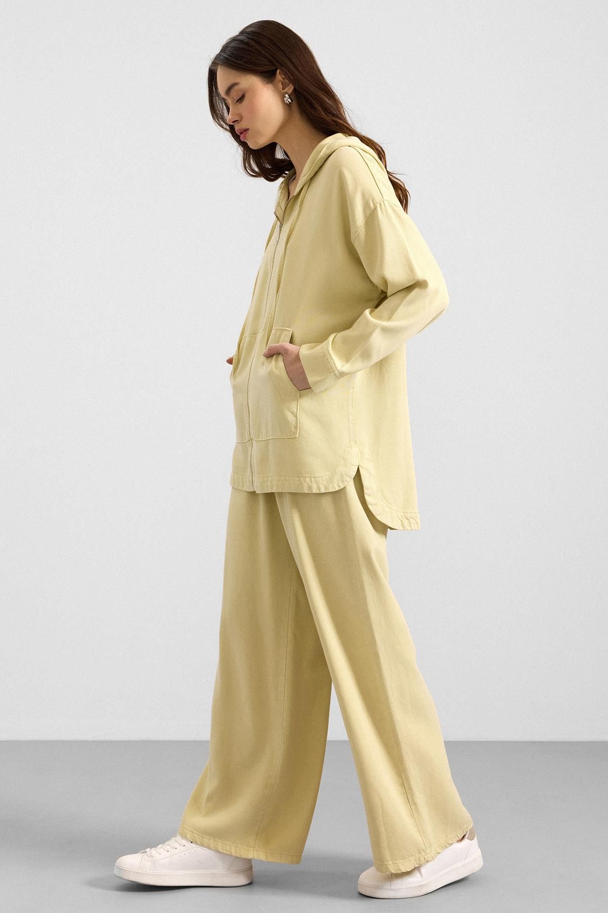 Fermuar Kapamalı Kapüşonlu Soft Denim Ceket Pantolon İkili Takım SARI 9402-TK