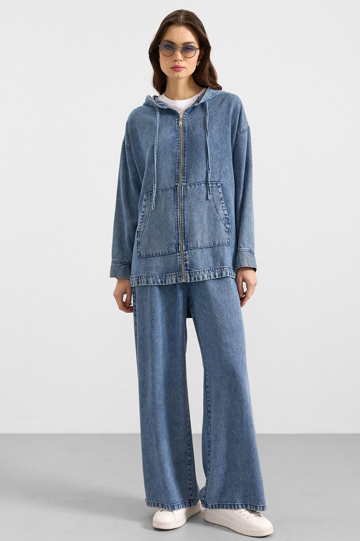 Fermuar Kapamalı Kapüşonlu Soft Denim Ceket Pantolon İkili Takım MAVİ 9402-TK