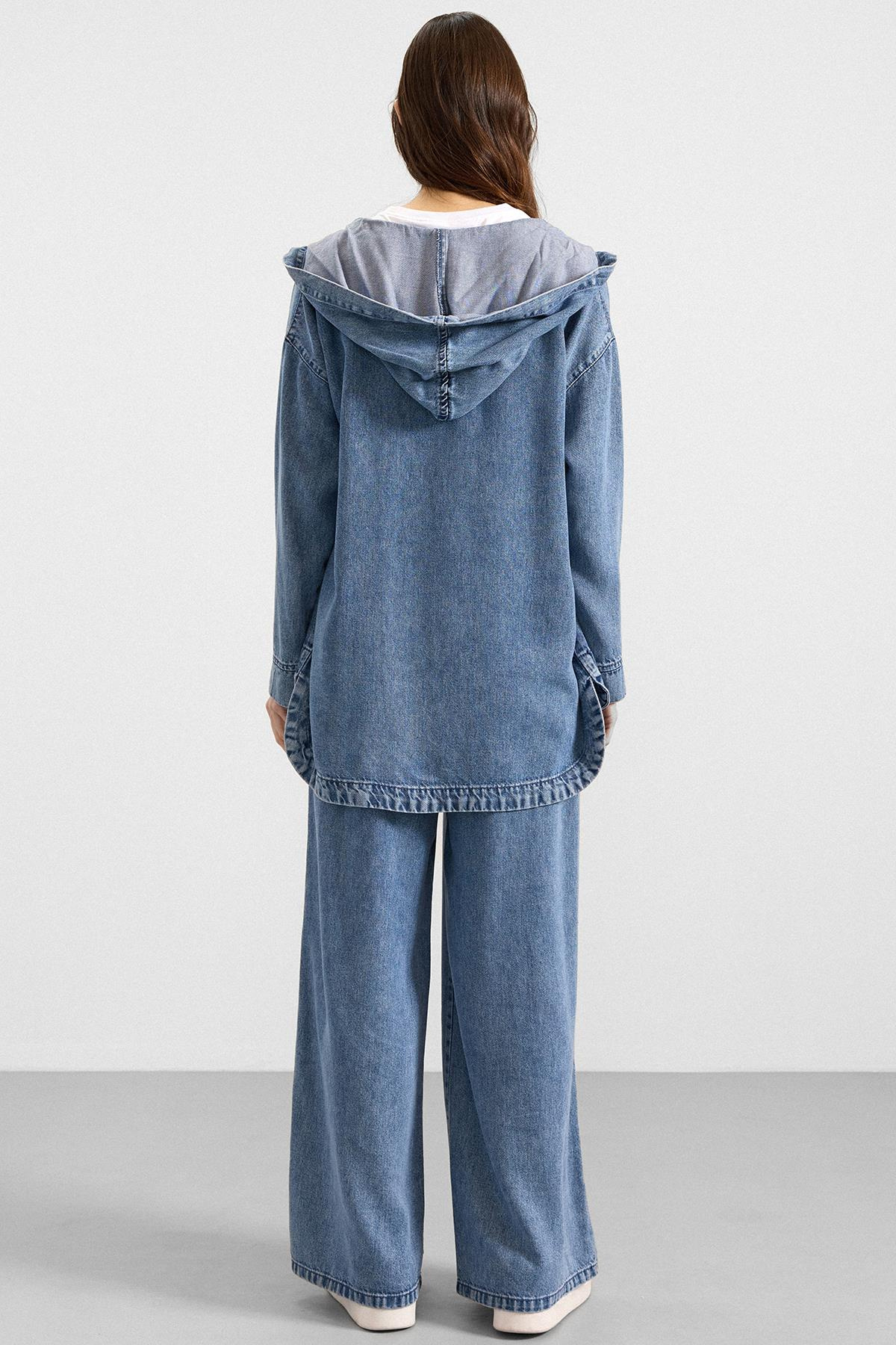 Fermuar Kapamalı Kapüşonlu Soft Denim Ceket Pantolon İkili Takım MAVİ 9402-TK