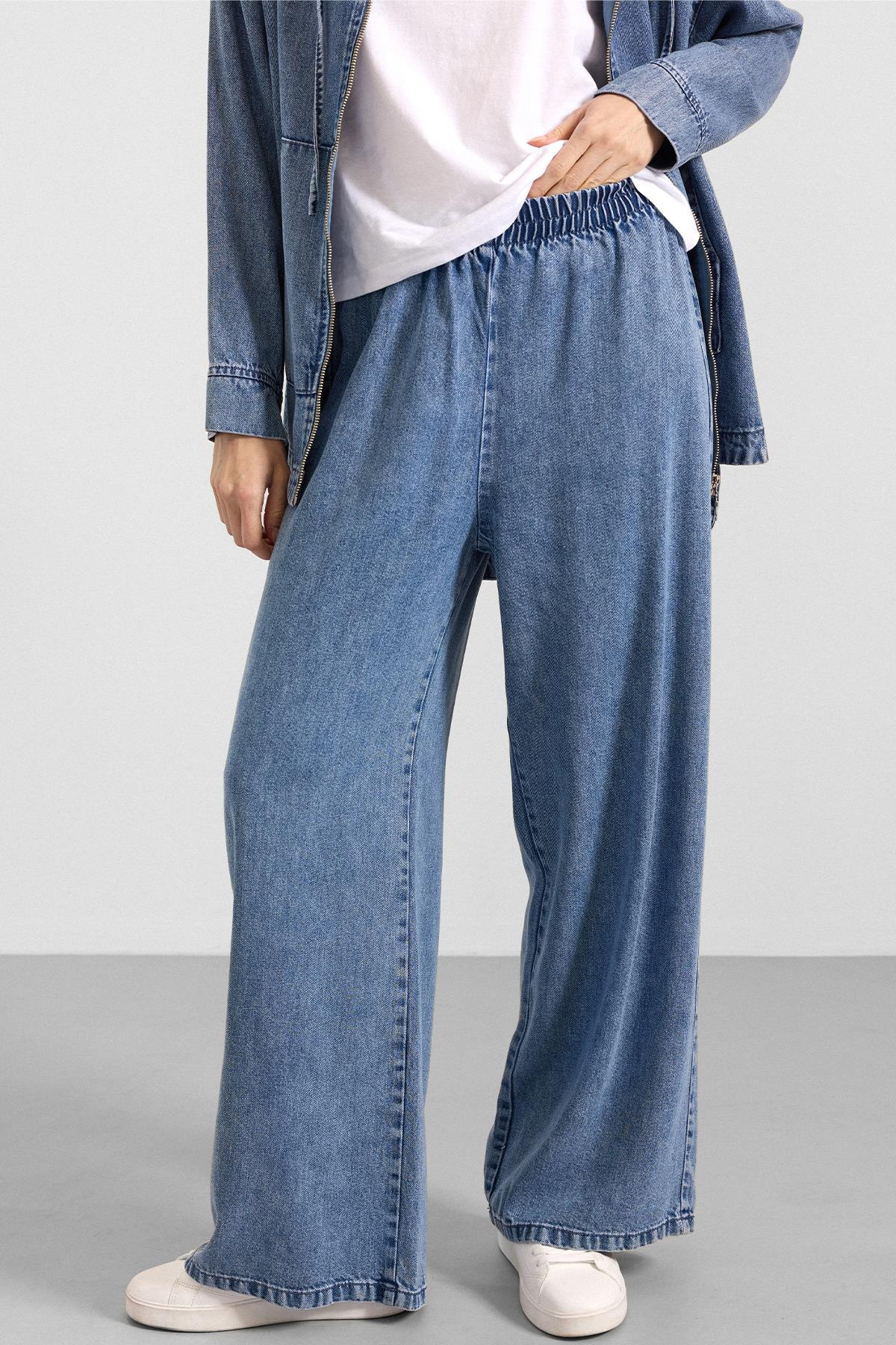 Fermuar Kapamalı Kapüşonlu Soft Denim Ceket Pantolon İkili Takım MAVİ 9402-TK