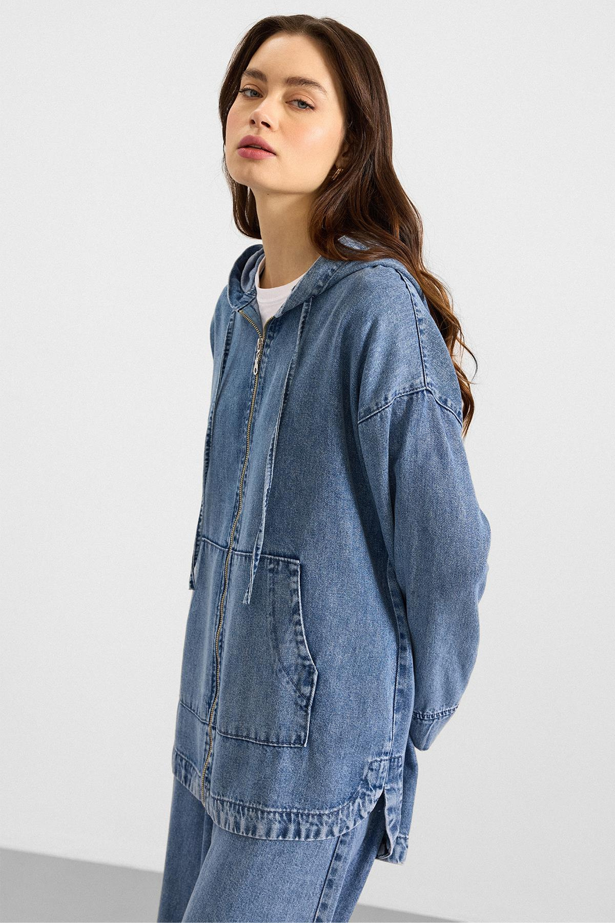 Fermuar Kapamalı Kapüşonlu Soft Denim Ceket Pantolon İkili Takım MAVİ 9402-TK