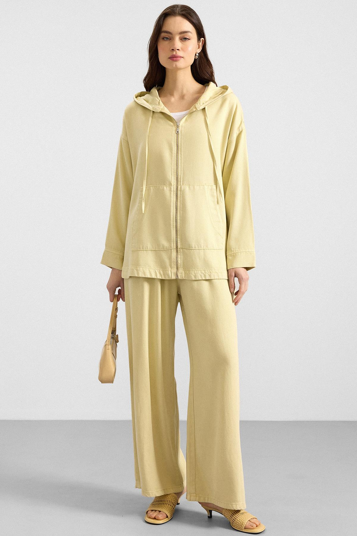 Fermuar Kapamalı Kapüşonlu Soft Denim Ceket Pantolon İkili Takım SARI 9402-TK