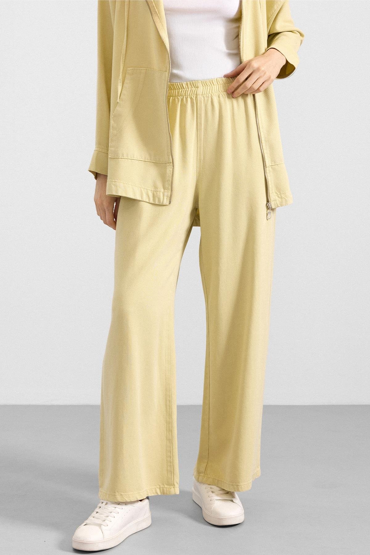 Fermuar Kapamalı Kapüşonlu Soft Denim Ceket Pantolon İkili Takım SARI 9402-TK