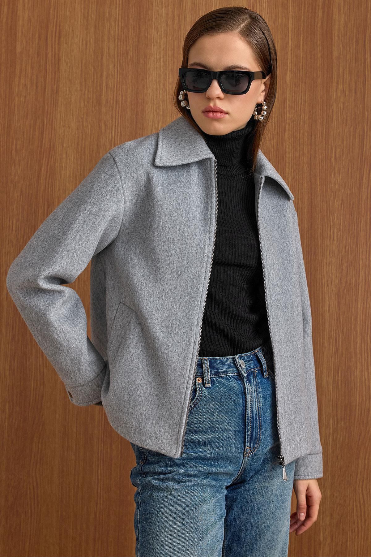 Fermuar Kapamalı Oversize Kısa Kaban AÇIK GRİ 3157