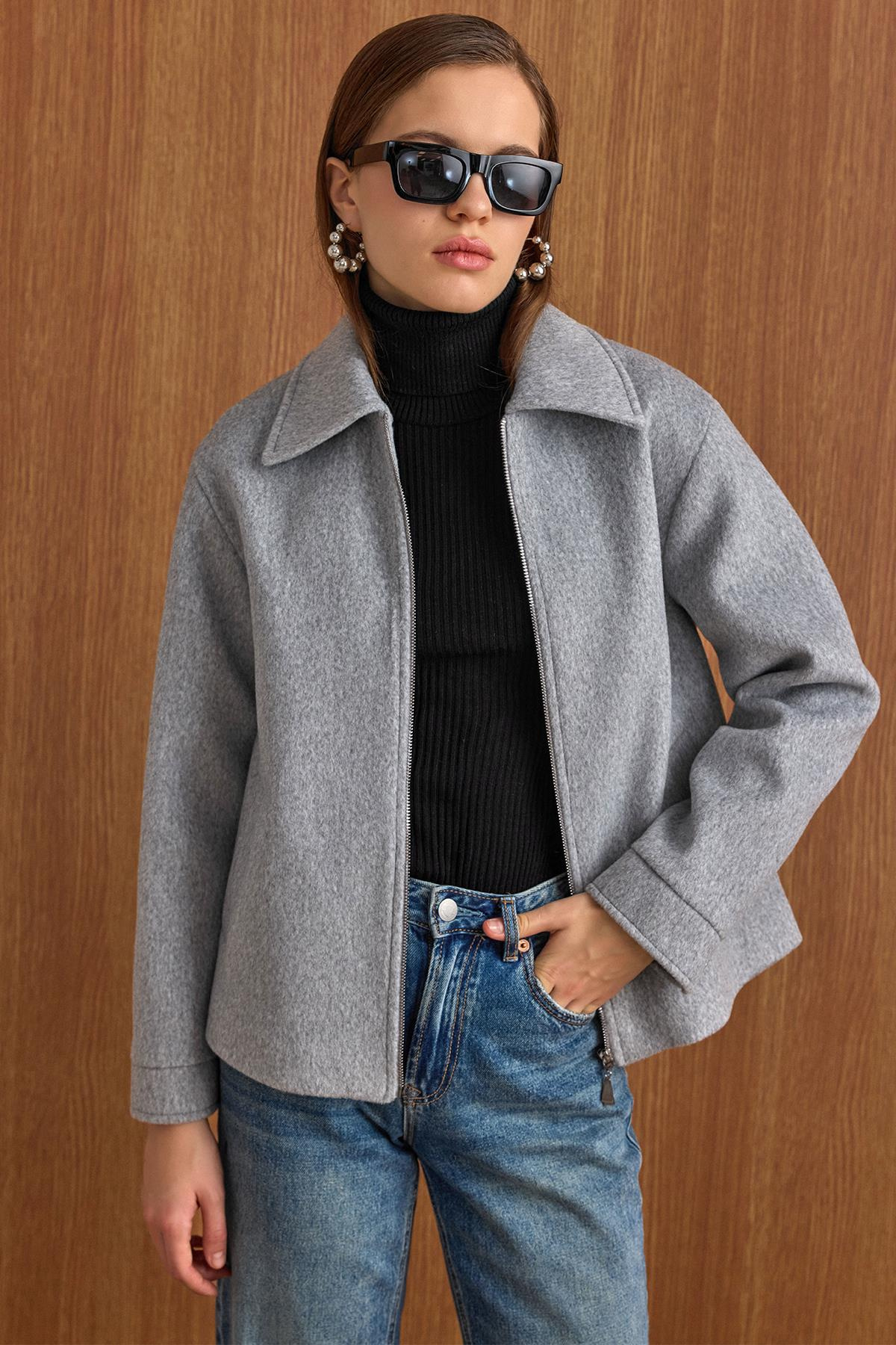 Fermuar Kapamalı Oversize Kısa Kaban AÇIK GRİ 3157