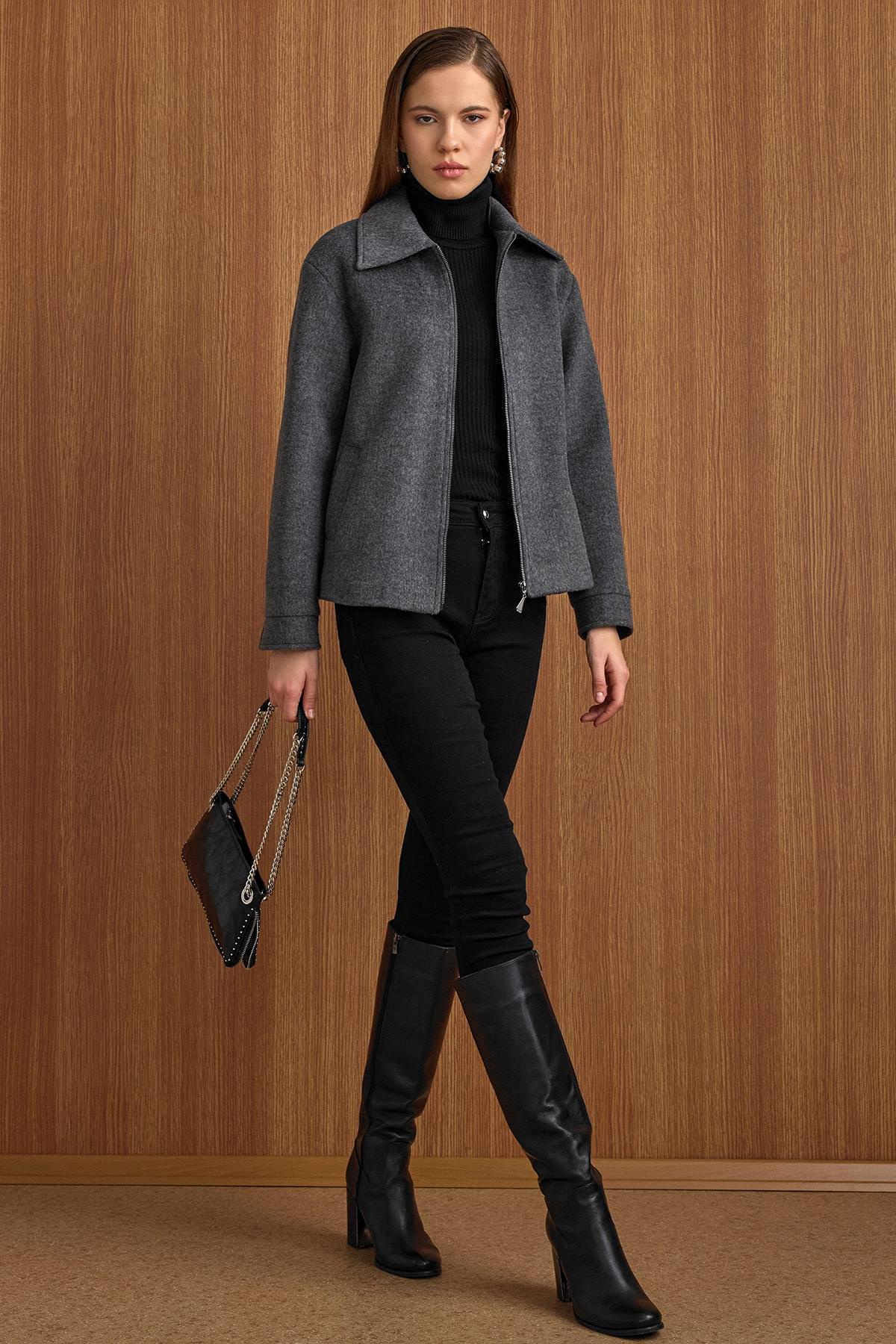 Fermuar Kapamalı Oversize Kısa Kaban KOYU GRİ 3157