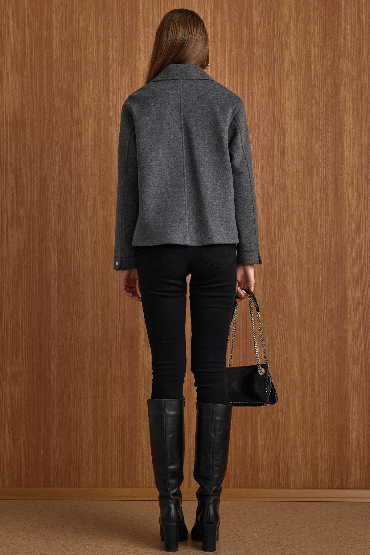 Fermuar Kapamalı Oversize Kısa Kaban KOYU GRİ 3157