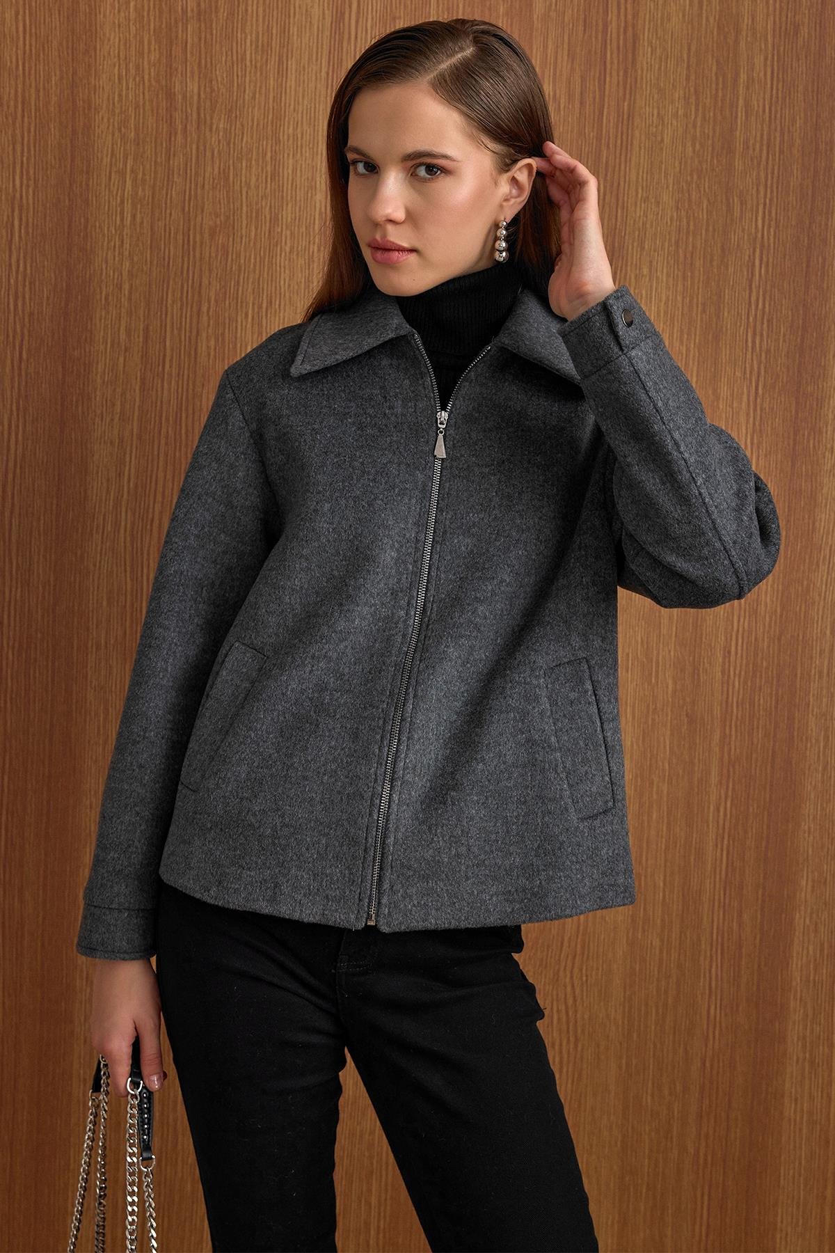 Fermuar Kapamalı Oversize Kısa Kaban KOYU GRİ 3157