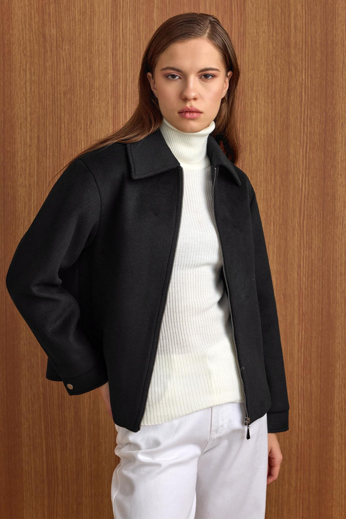 Fermuar Kapamalı Oversize Kısa Kaban SİYAH 3157