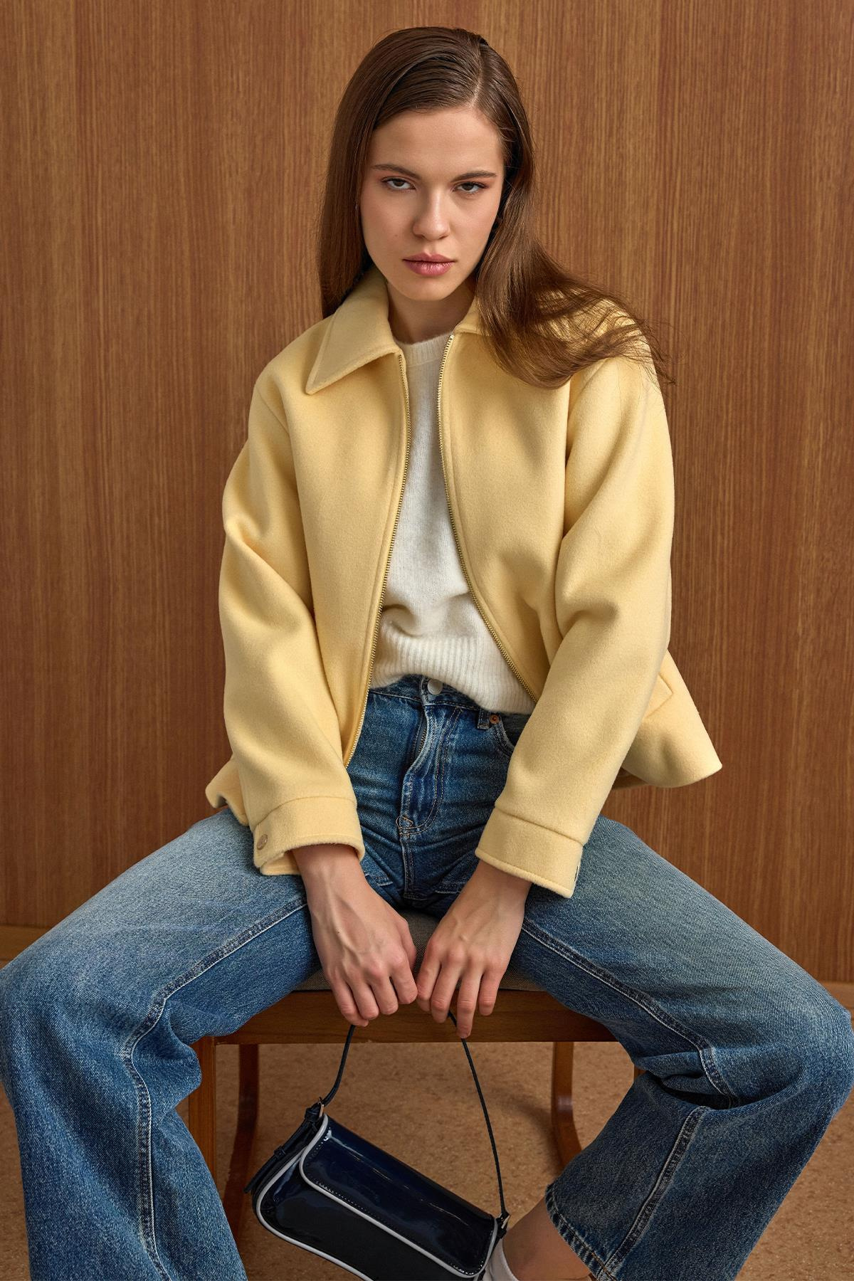 Fermuar Kapamalı Oversize Kısa Kaban SARI 3157