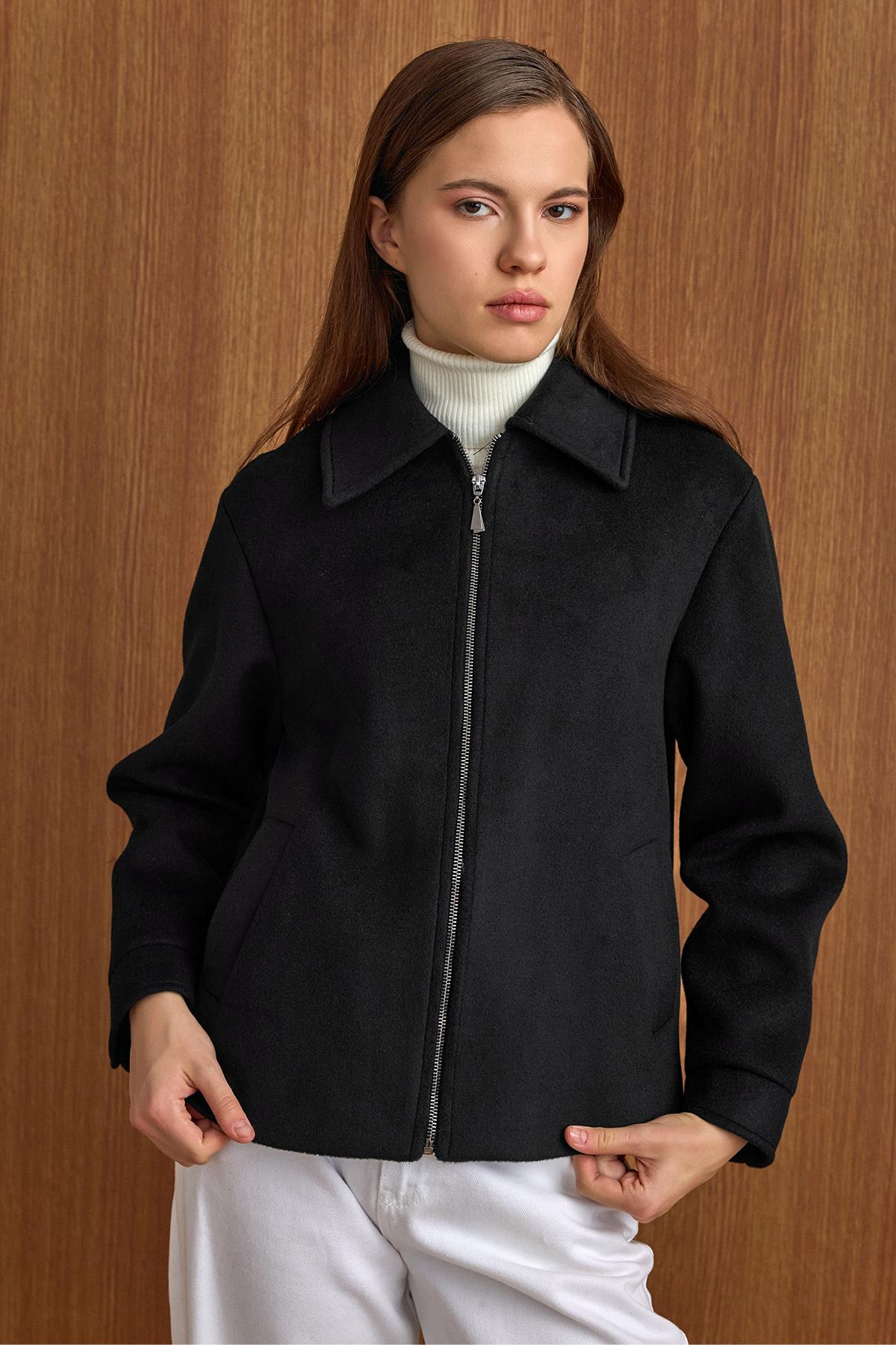 Fermuar Kapamalı Oversize Kısa Kaban SİYAH 3157