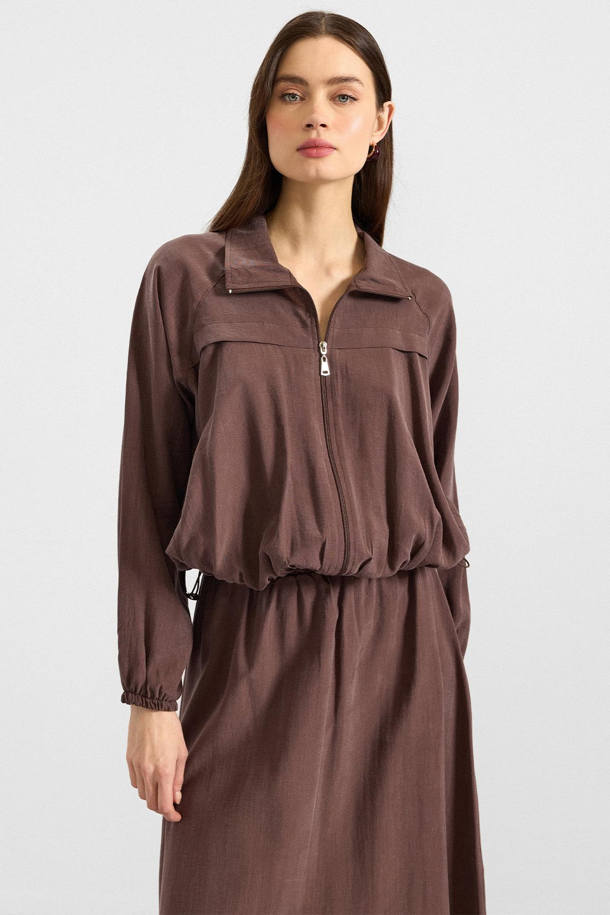 Fermuar Kapamalı Soft Kumaş Etek Ceket Takım KAHVE 9390-TK