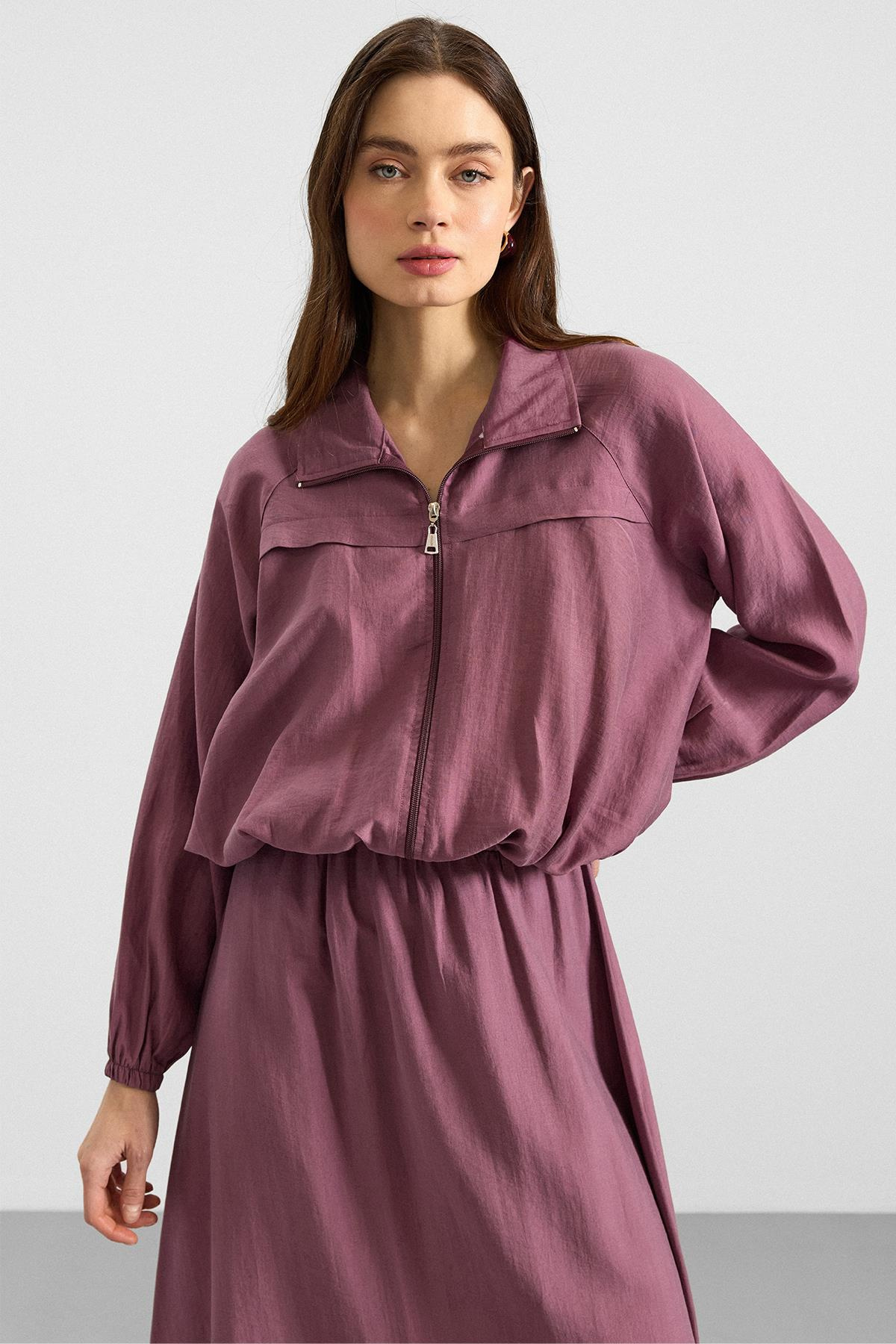 Fermuar Kapamalı Soft Kumaş Etek Ceket Takım GÜL KURUSU 9390-TK