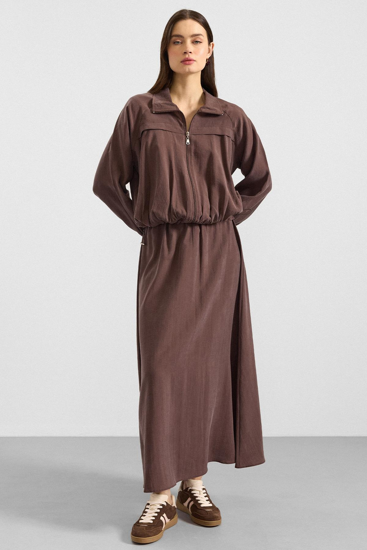 Fermuar Kapamalı Soft Kumaş Etek Ceket Takım KAHVE 9390-TK