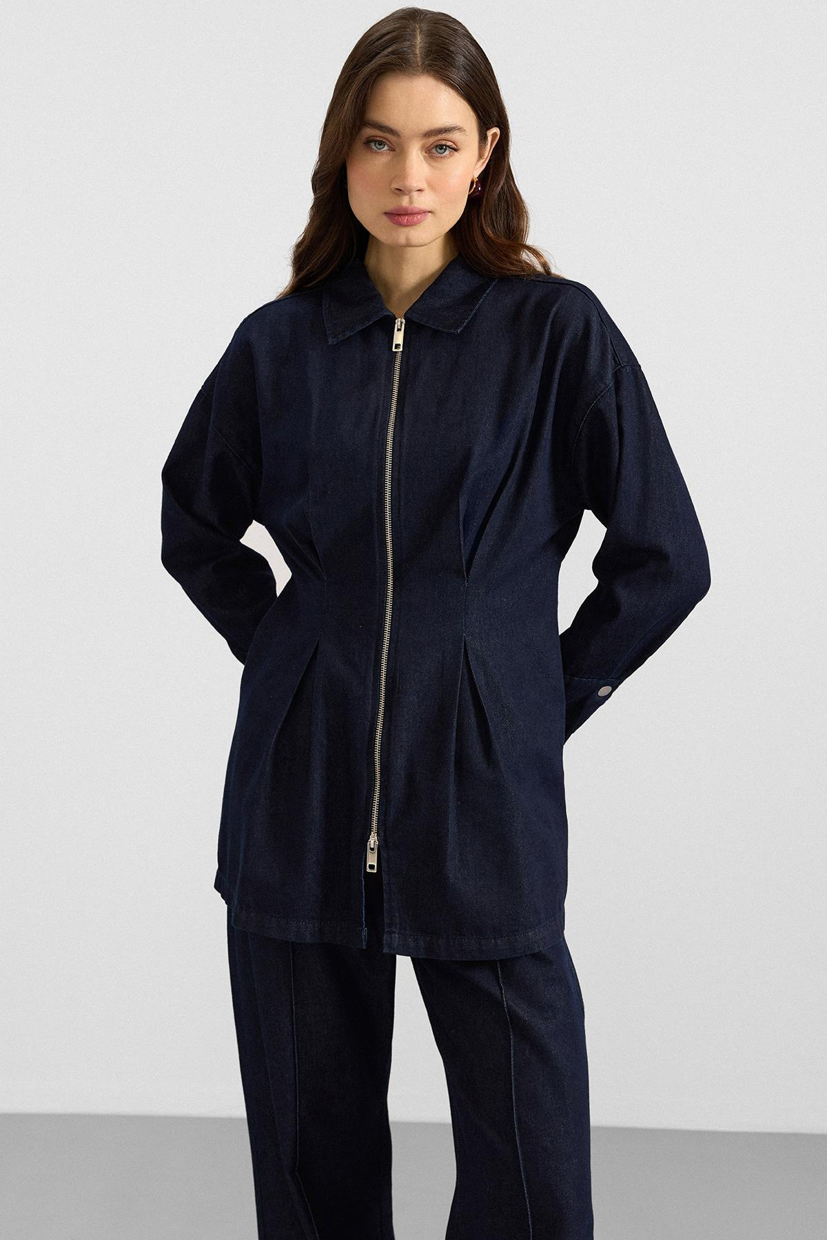 Fermuar ve Pens Detaylı Ceket Pantolon Denim İkili Takım LACİVERT 9396-TK