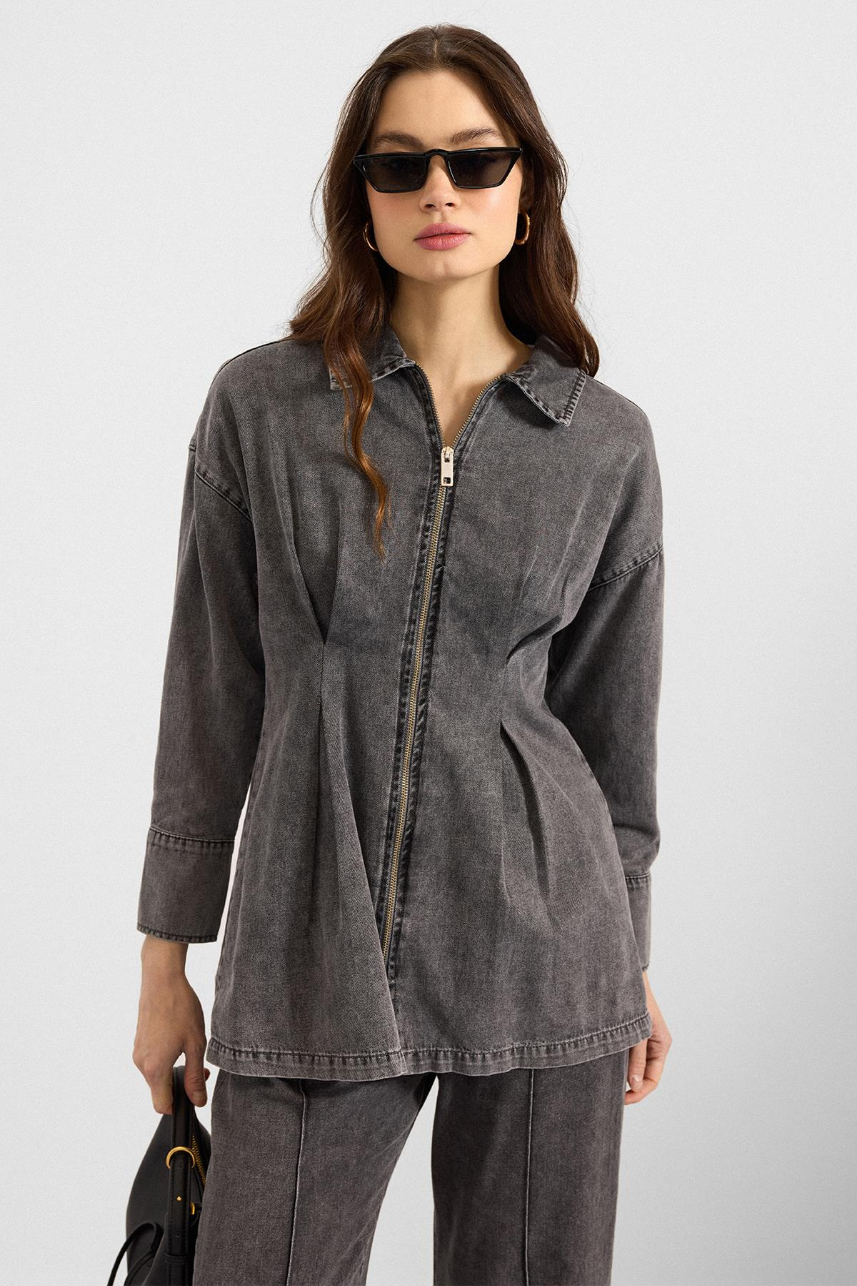 Fermuar ve Pens Detaylı Ceket Pantolon Denim İkili Takım GRİ 9396-TK