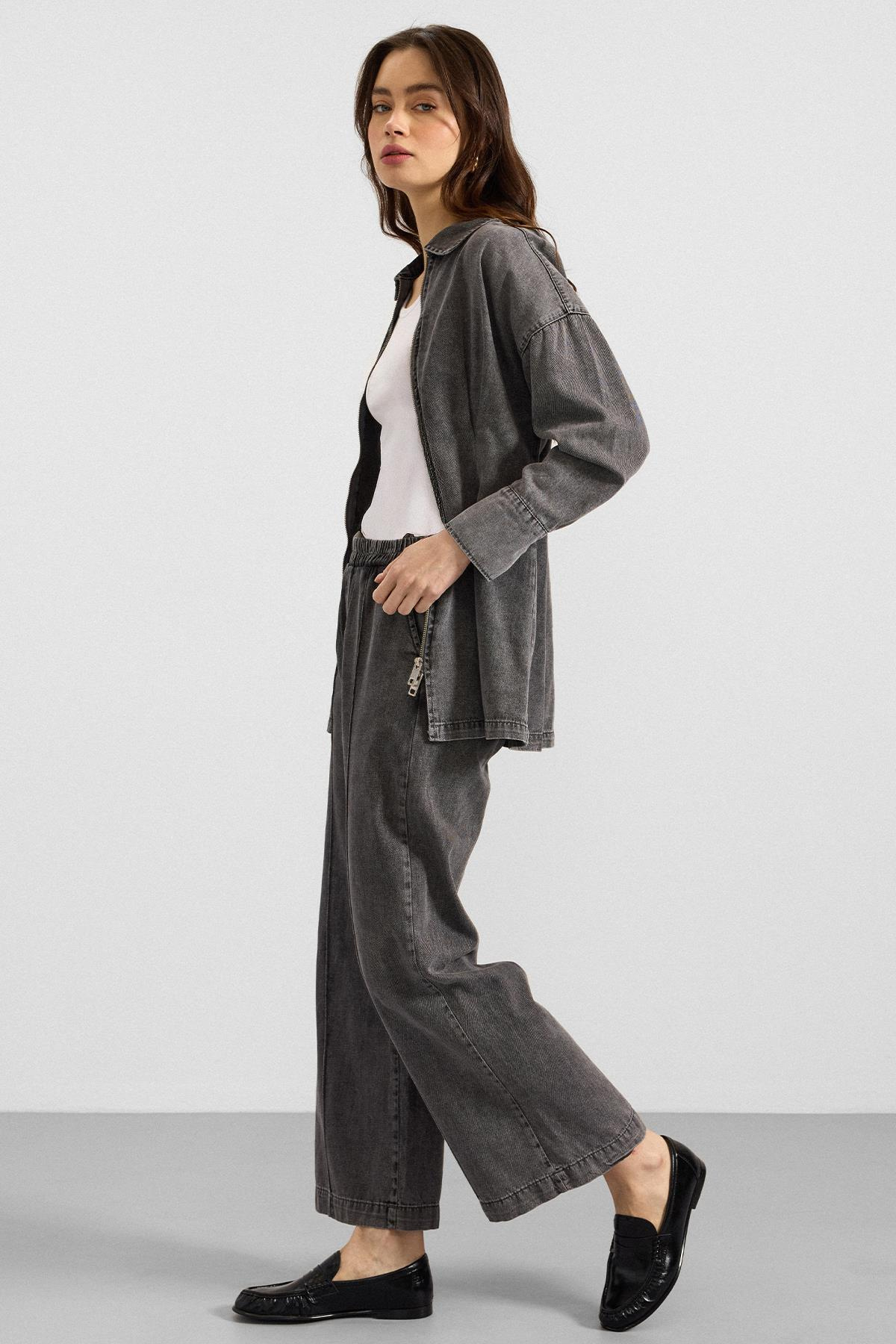 Fermuar ve Pens Detaylı Ceket Pantolon Denim İkili Takım GRİ 9396-TK