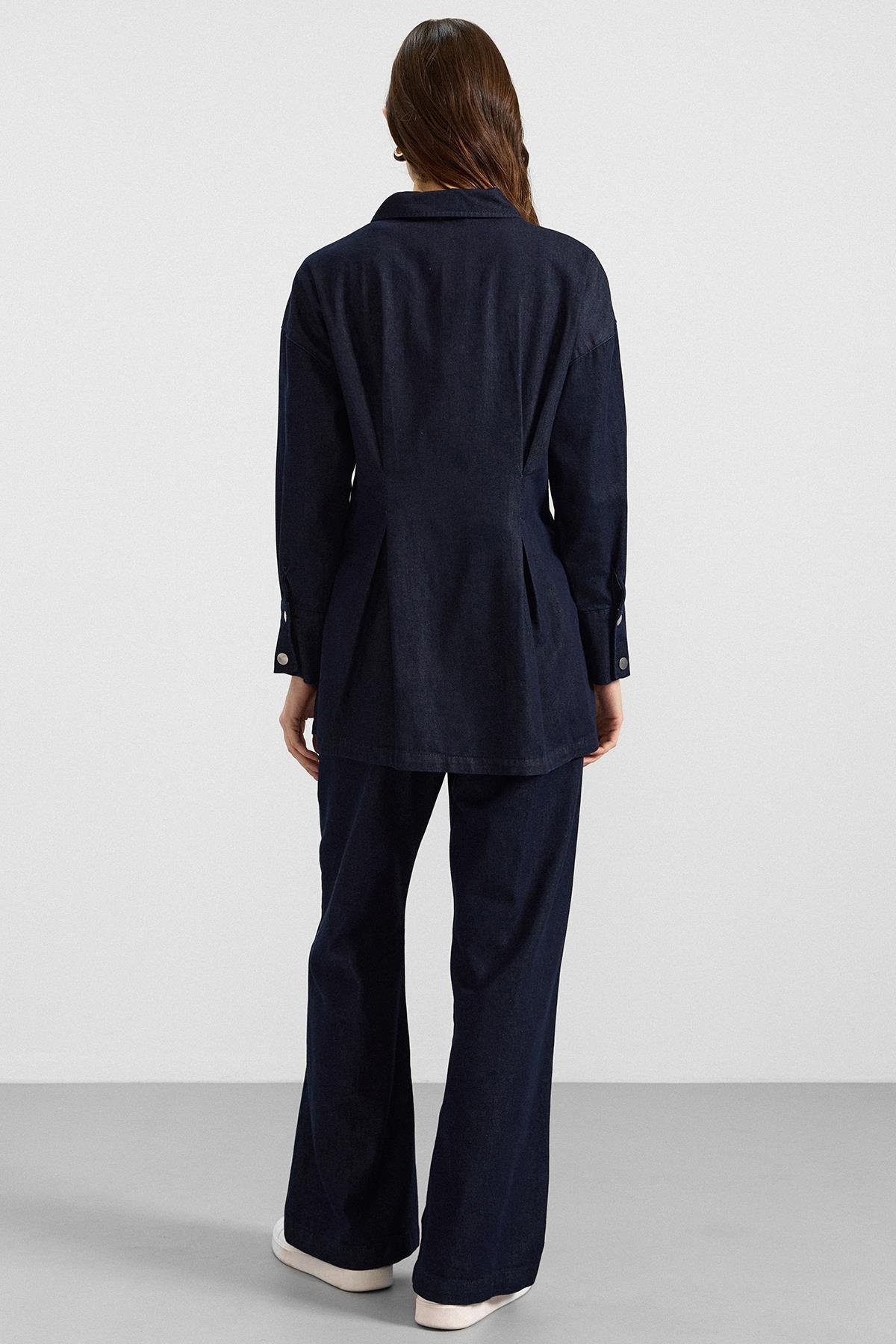 Fermuar ve Pens Detaylı Ceket Pantolon Denim İkili Takım LACİVERT 9396-TK