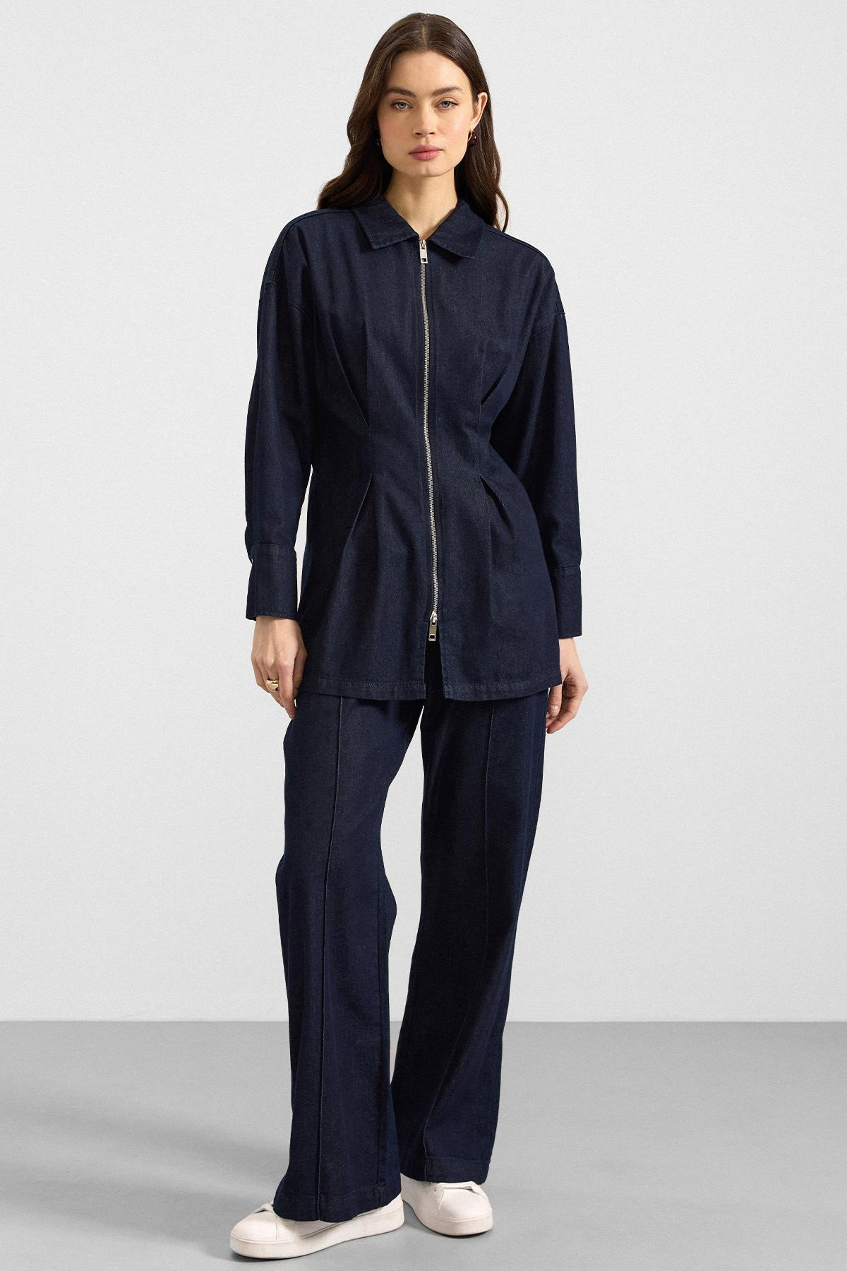 Fermuar ve Pens Detaylı Ceket Pantolon Denim İkili Takım LACİVERT 9396-TK