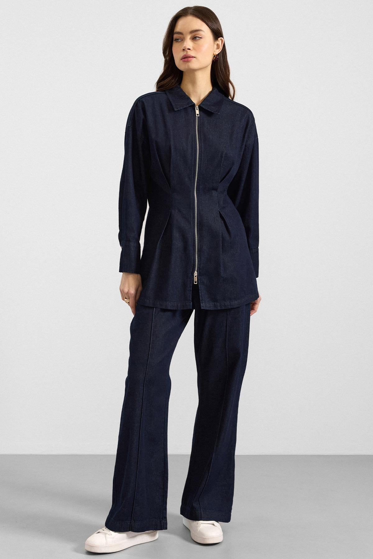 Fermuar ve Pens Detaylı Ceket Pantolon Denim İkili Takım LACİVERT 9396-TK