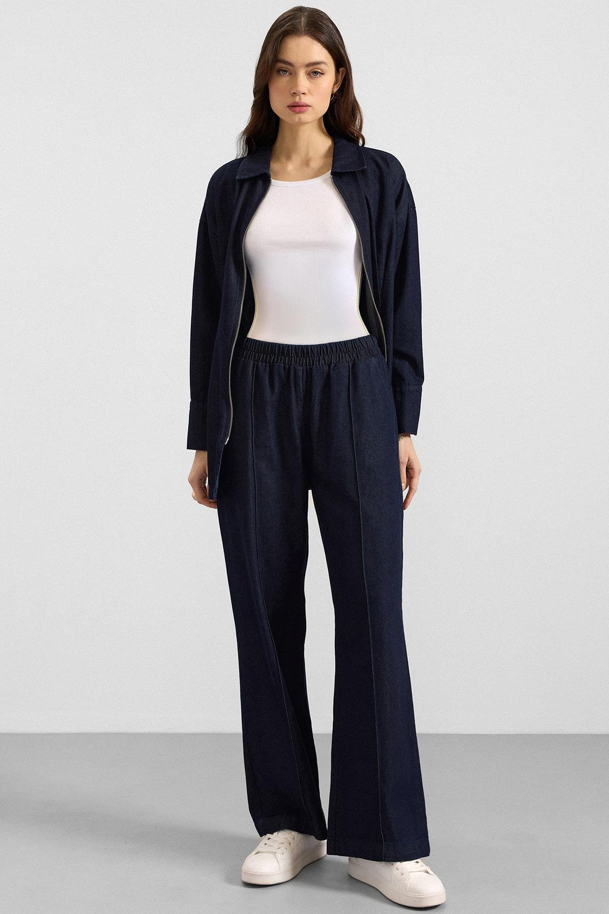 Fermuar ve Pens Detaylı Ceket Pantolon Denim İkili Takım LACİVERT 9396-TK