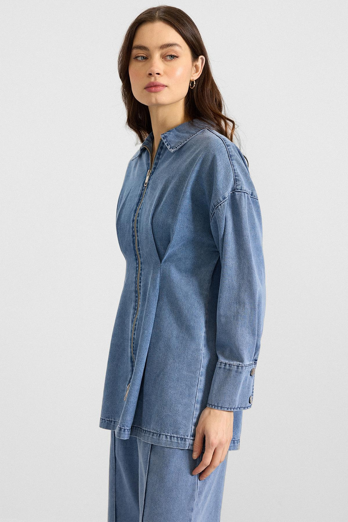 Fermuar ve Pens Detaylı Ceket Pantolon Denim İkili Takım AÇIK MAVİ 9396-TK