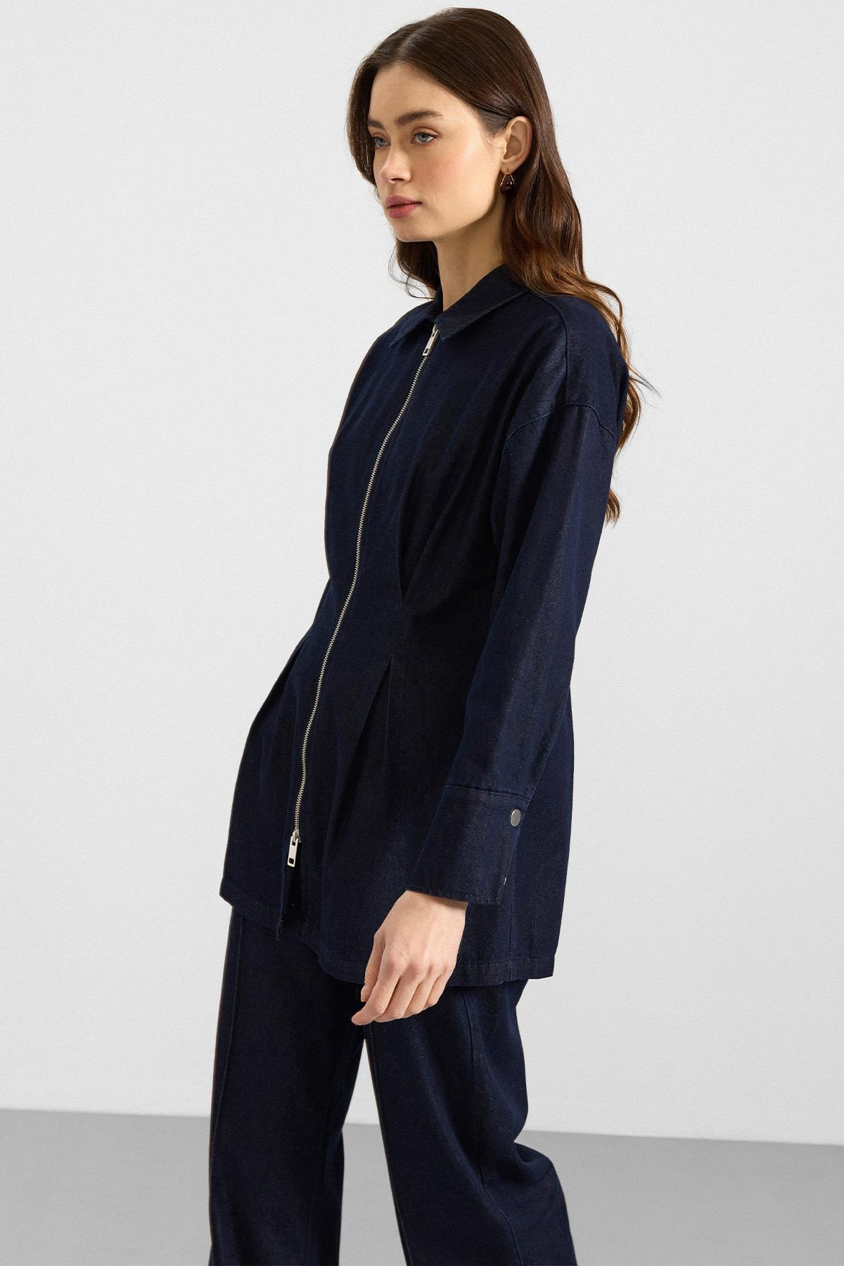 Fermuar ve Pens Detaylı Ceket Pantolon Denim İkili Takım LACİVERT 9396-TK