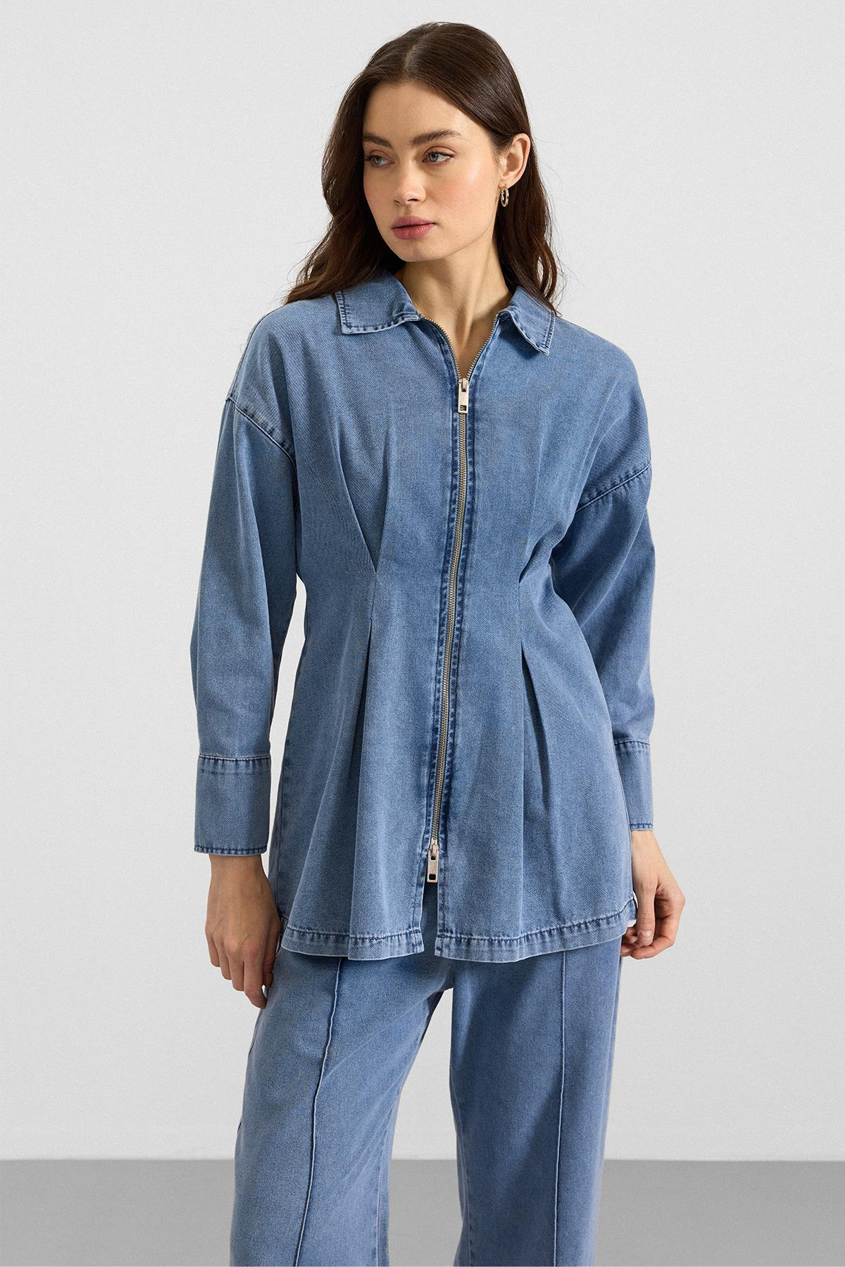 Fermuar ve Pens Detaylı Ceket Pantolon Denim İkili Takım AÇIK MAVİ 9396-TK