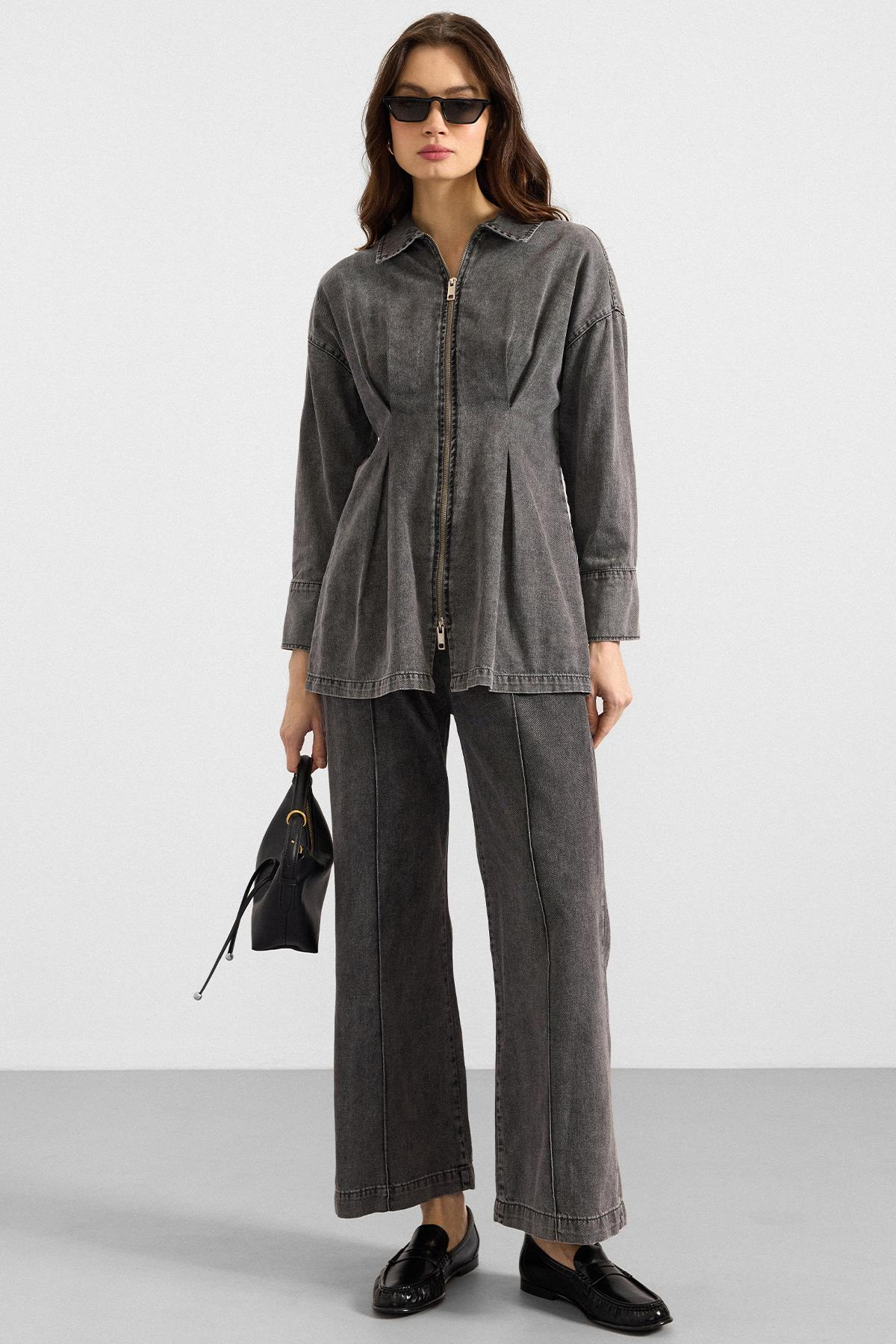 Fermuar ve Pens Detaylı Ceket Pantolon Denim İkili Takım GRİ 9396-TK