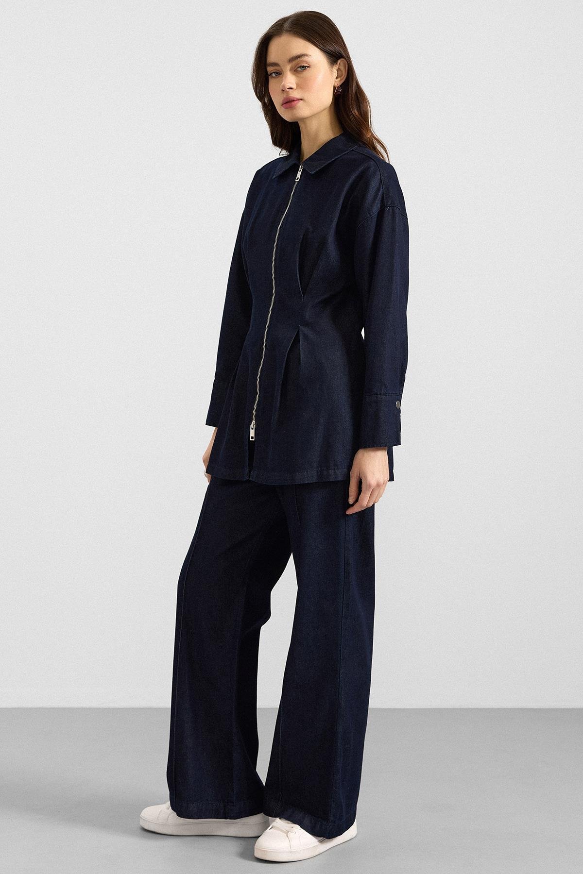 Fermuar ve Pens Detaylı Ceket Pantolon Denim İkili Takım LACİVERT 9396-TK