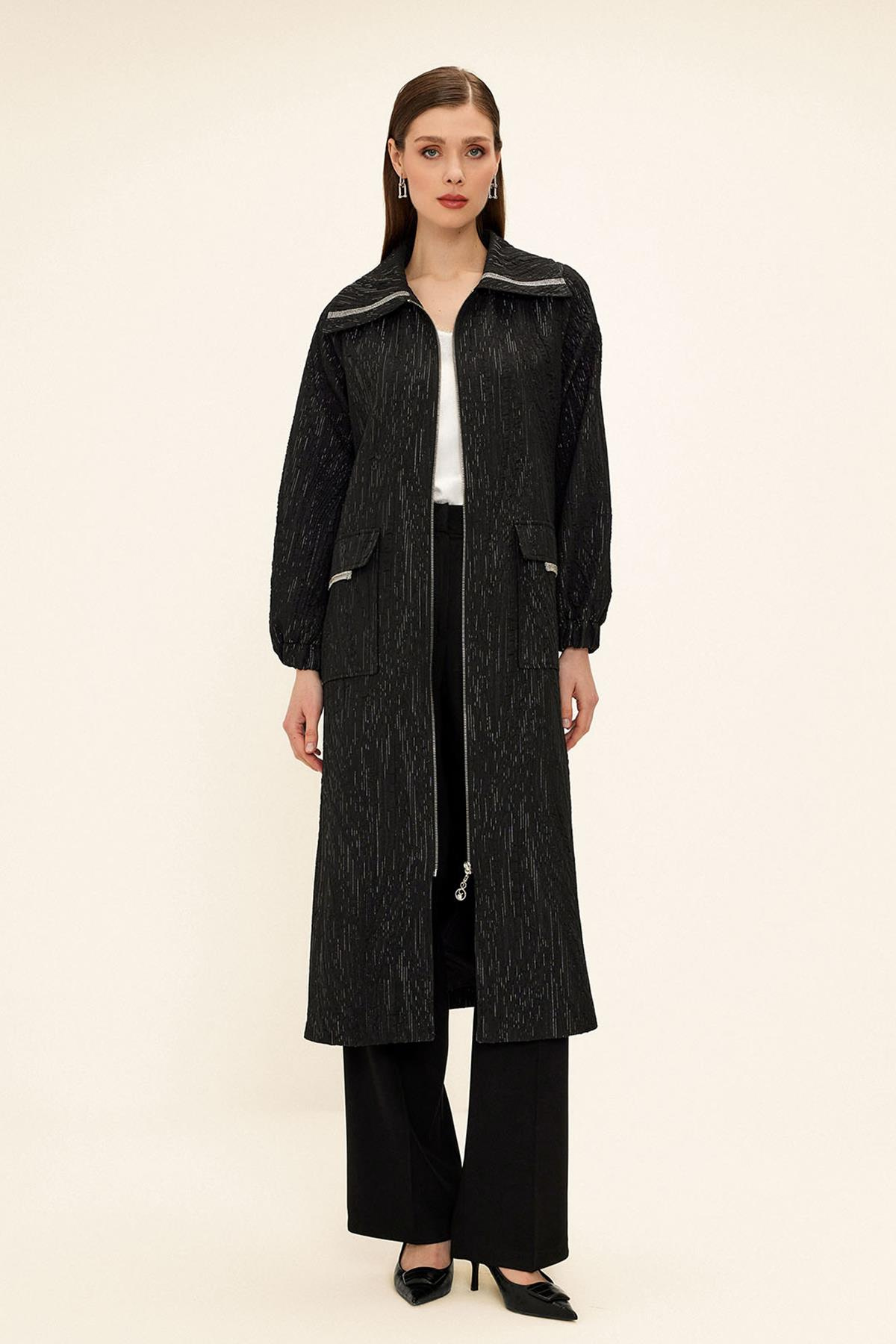 Zippered Stone Chain Detailed Lined Glittery Jacquard Coat BLACK 6726