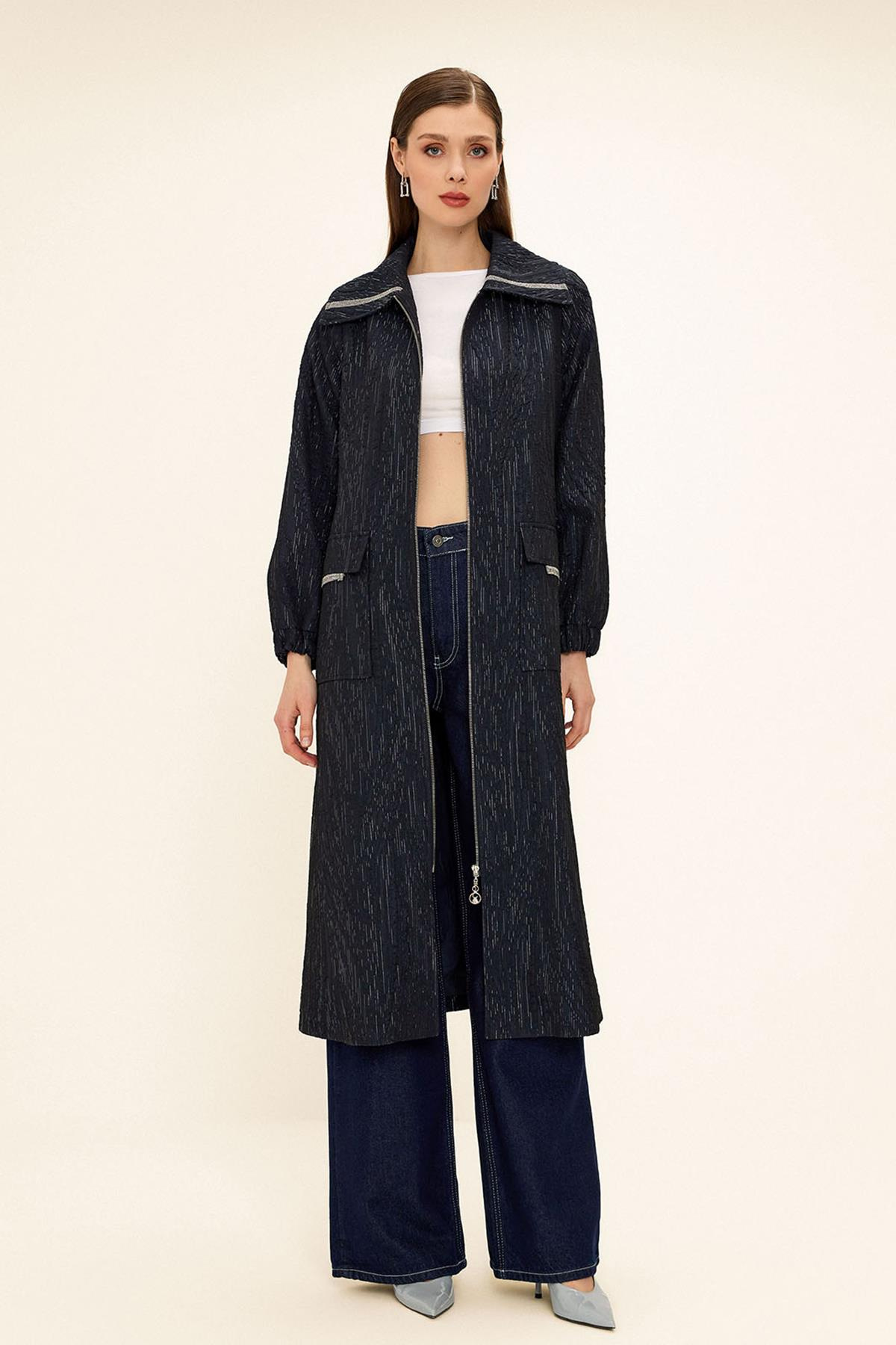 Zippered Stone Chain Detailed Lined Glittery Jacquard Coat NAVY 6726