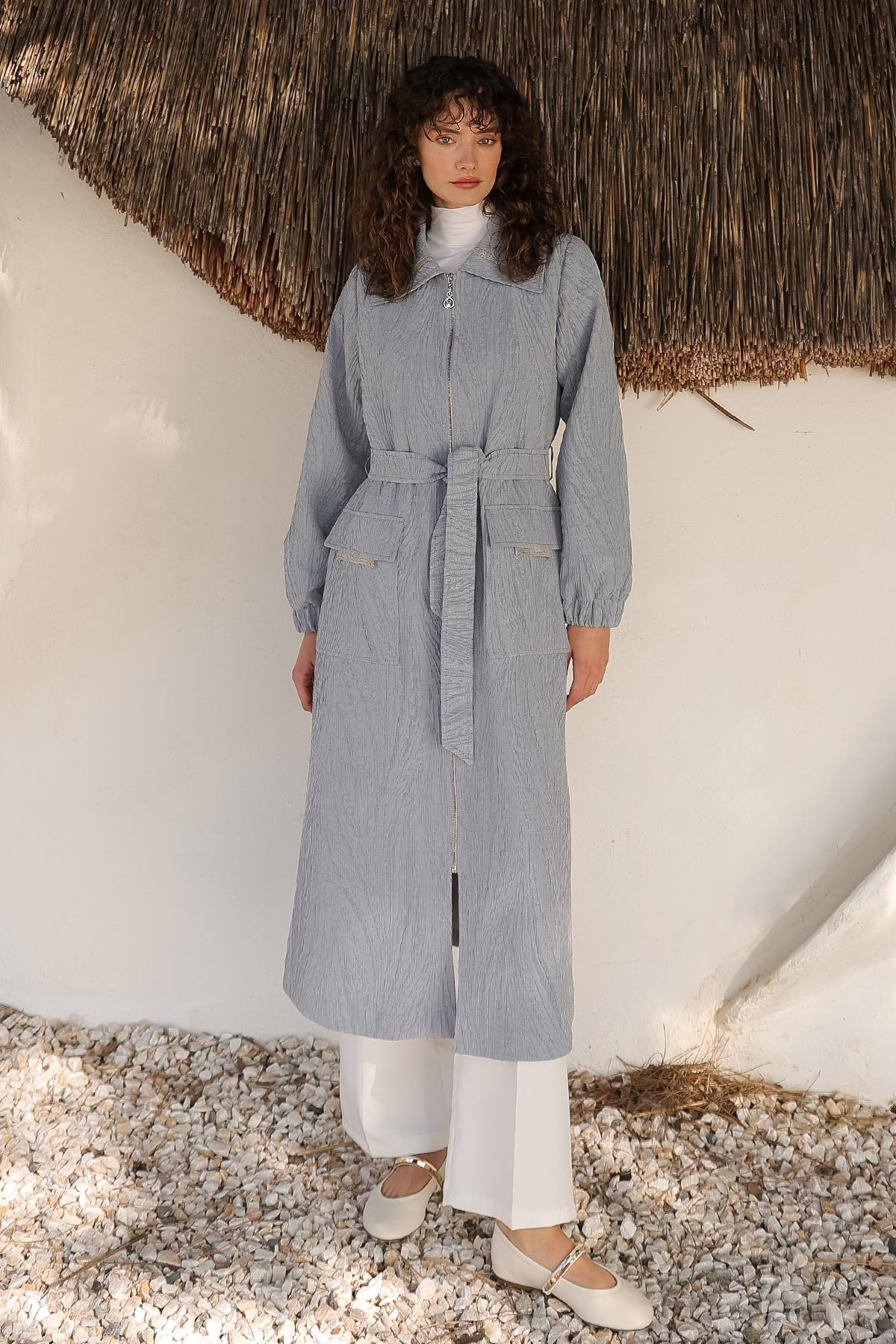 Zippered Stone Chain Detailed Lined Glittery Jacquard Coat BLUE 6726