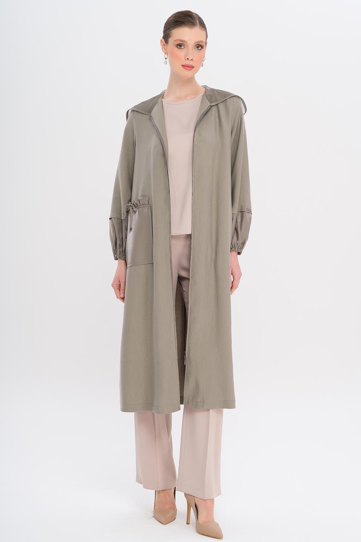 Mesh Hooded Garni Detailed Unlined Modal Coat GREY 6748