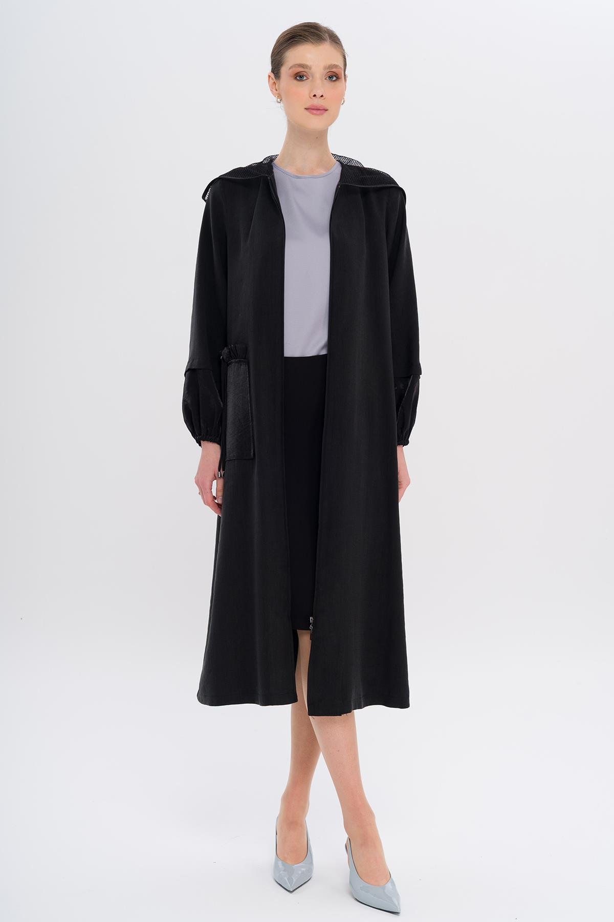 Mesh Hooded Garni Detailed Unlined Modal Coat BLACK 6748