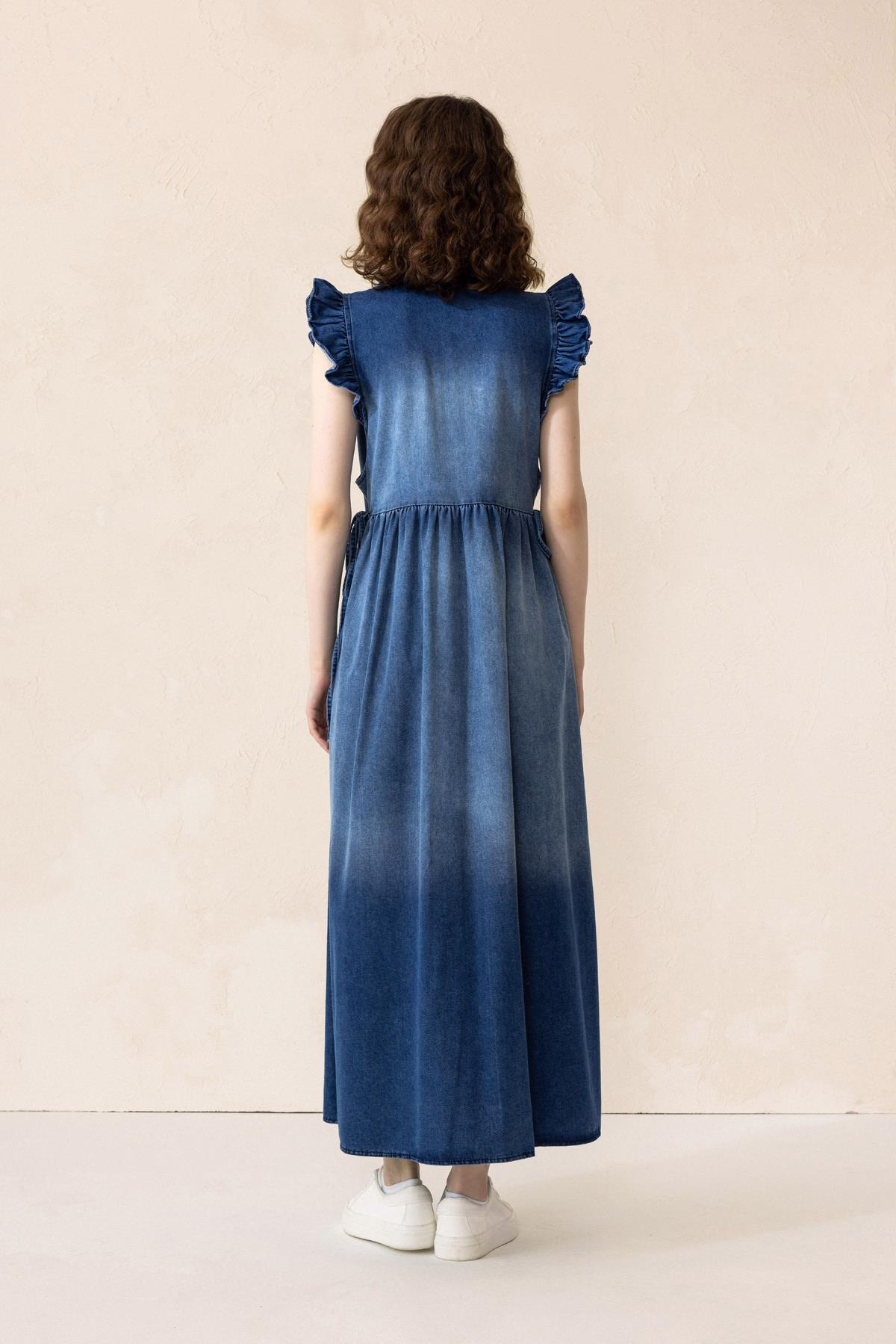 Fır Fır Detaylı Kolsuz Denim Elbise MAVİ 9296-E