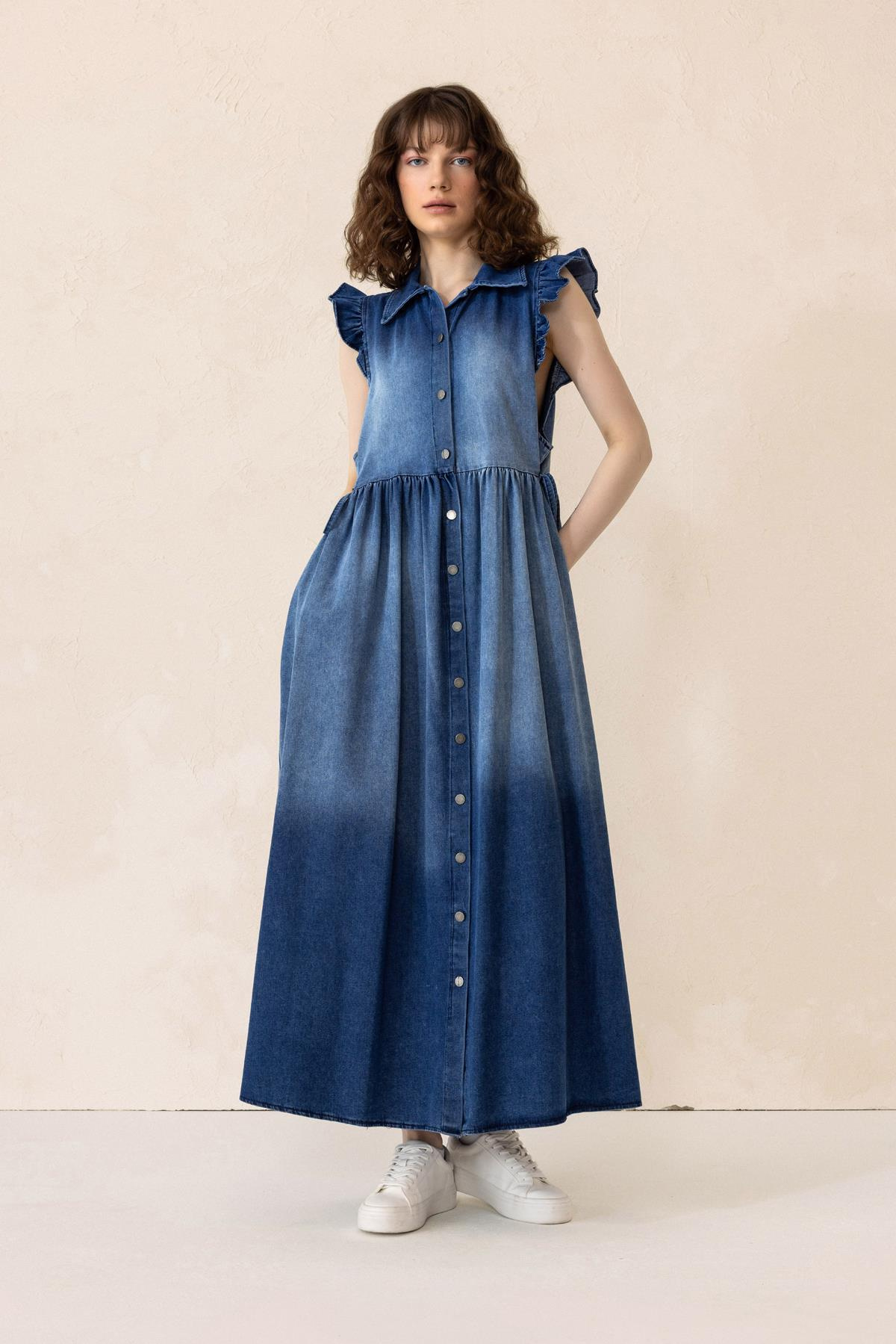 Fır Fır Detaylı Kolsuz Denim Elbise MAVİ 9296-E