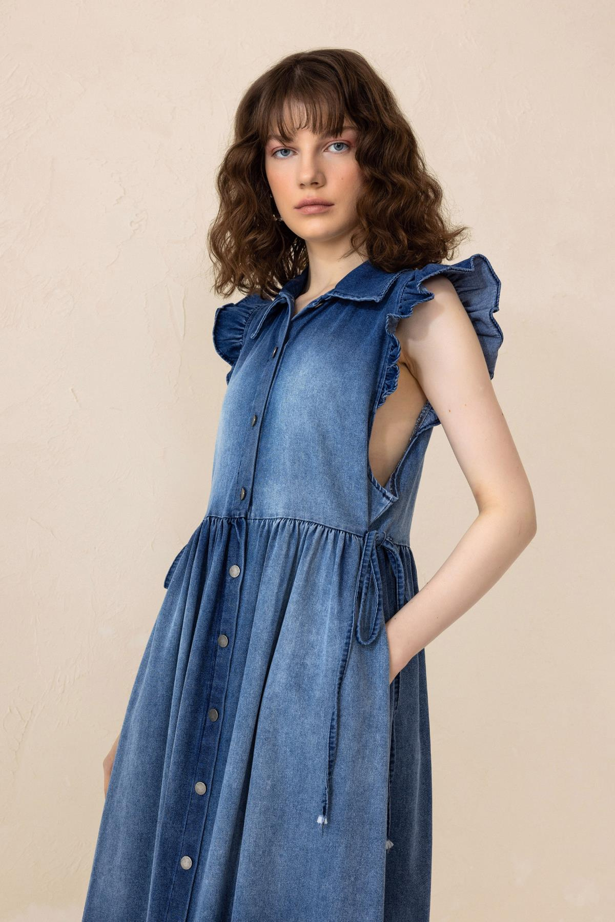 Fır Fır Detaylı Kolsuz Denim Elbise MAVİ 9296-E