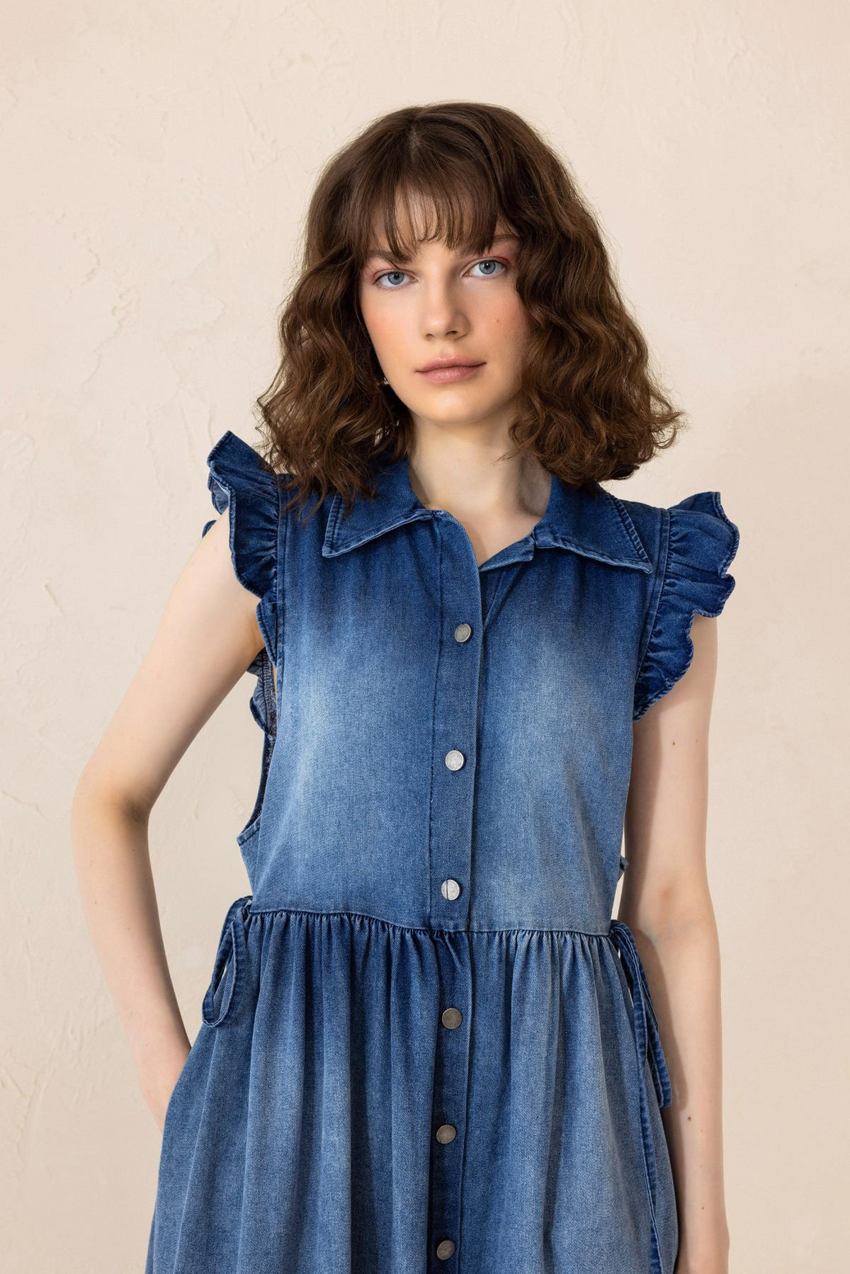 Fır Fır Detaylı Kolsuz Denim Elbise MAVİ 9296-E
