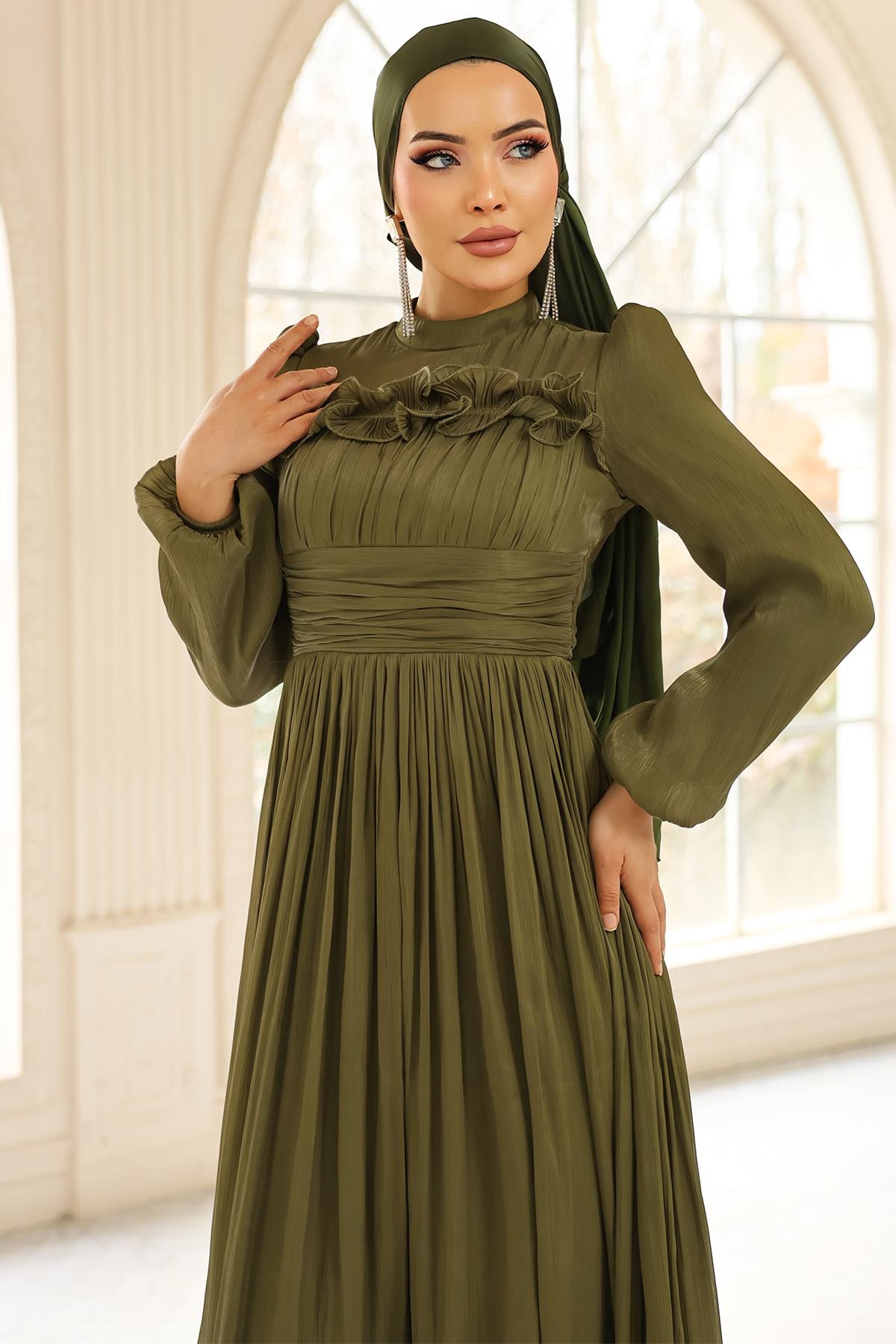 Fırfır ve Pilise Detaylı Yoryo İpek Tesettür Abiye Elbise YEŞİL 1250