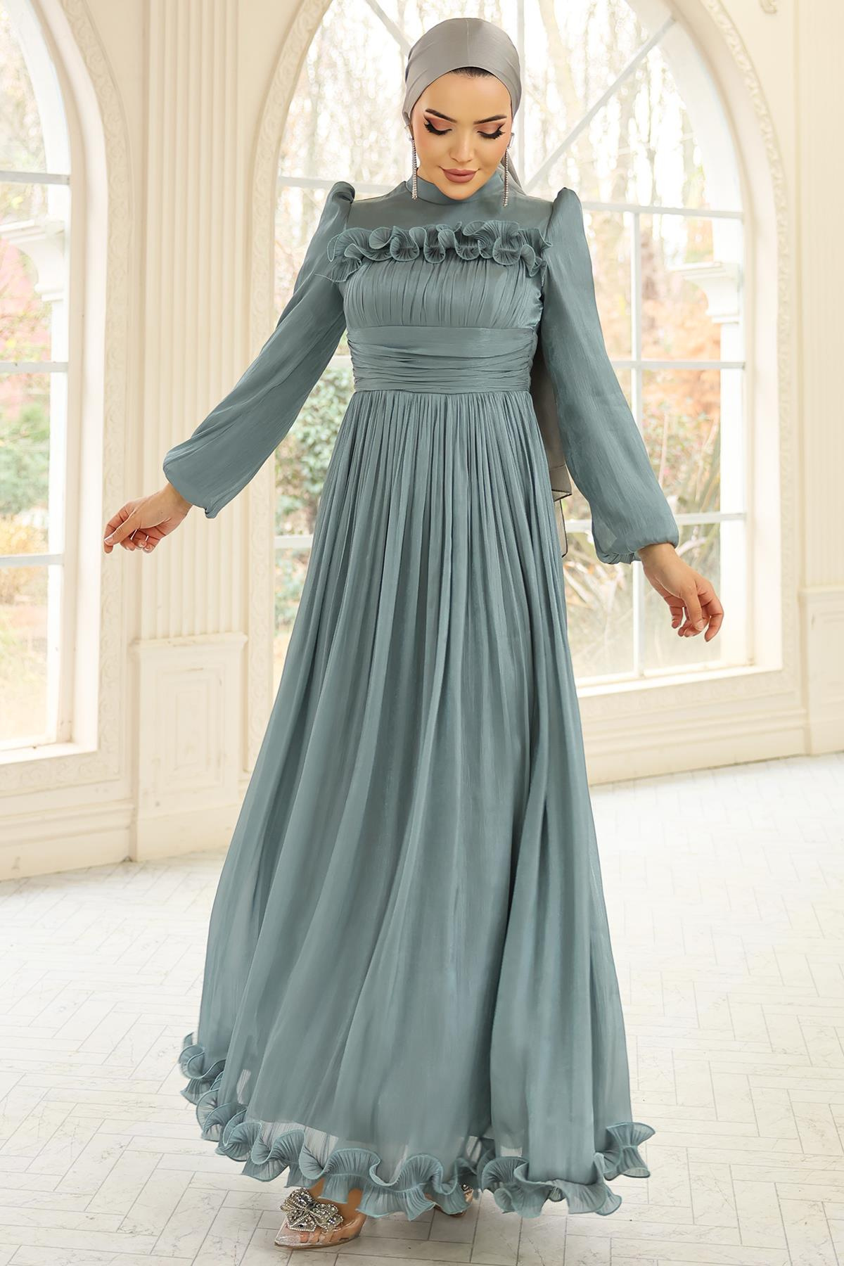 Fırfır ve Pilise Detaylı Yoryo İpek Tesettür Abiye Elbise SU YEŞİLİ 1250