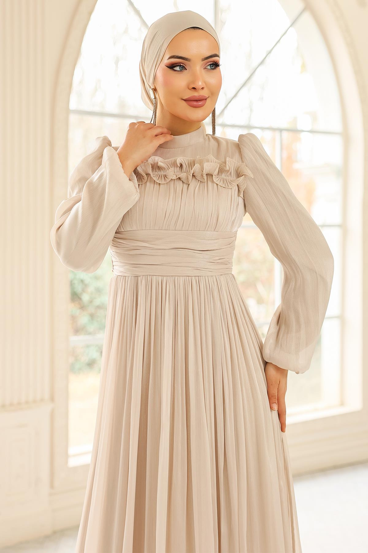 Fırfır ve Pilise Detaylı Yoryo İpek Tesettür Abiye Elbise TAŞ 1250