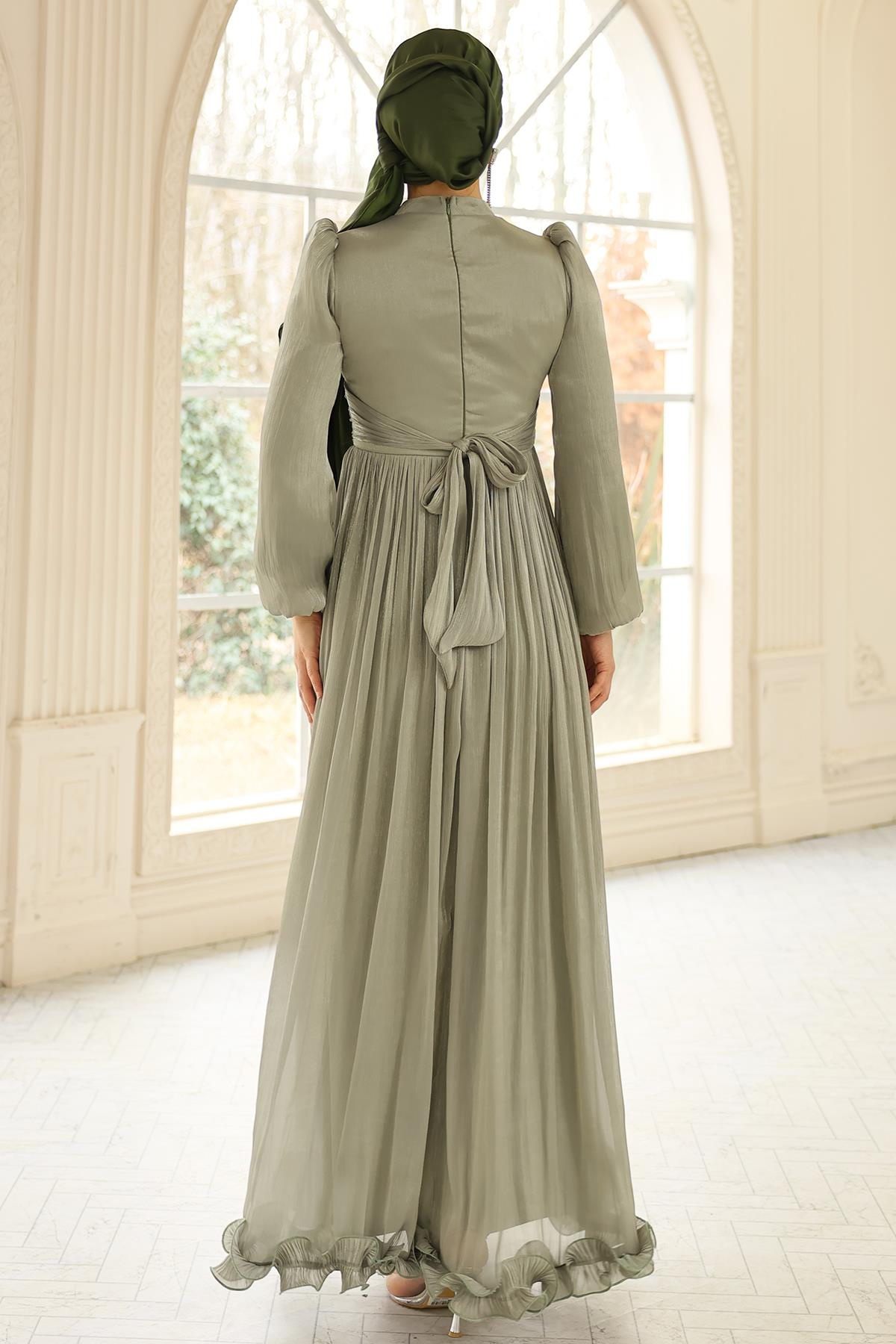 Fırfır ve Pilise Detaylı Yoryo İpek Tesettür Abiye Elbise AÇIK YEŞİL 1250