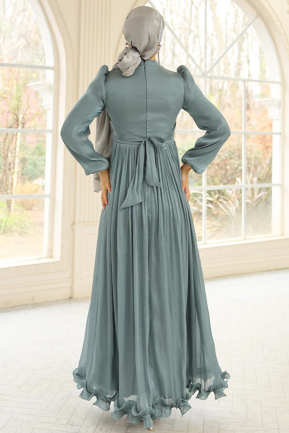 Fırfır ve Pilise Detaylı Yoryo İpek Tesettür Abiye Elbise SU YEŞİLİ 1250