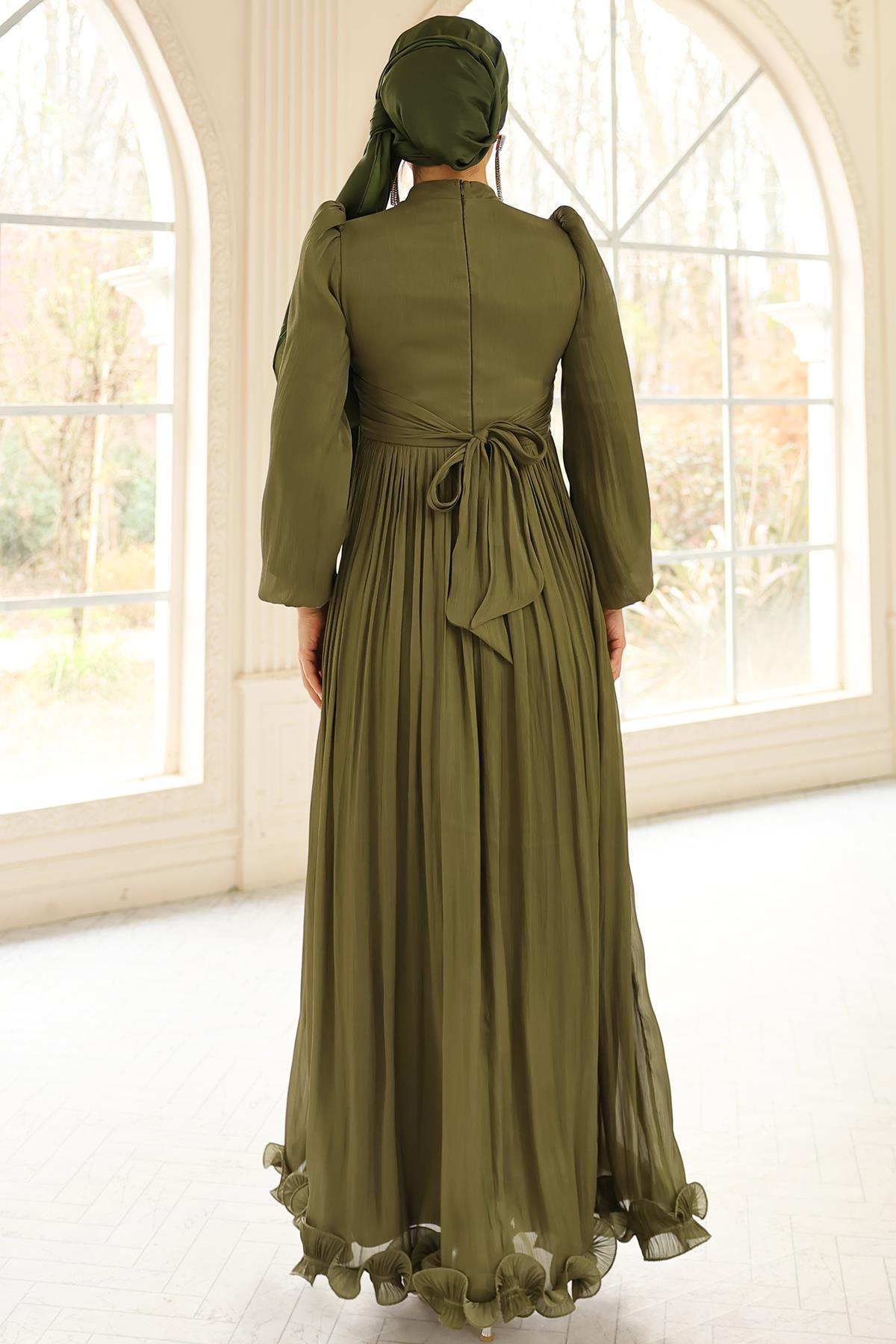 Fırfır ve Pilise Detaylı Yoryo İpek Tesettür Abiye Elbise YEŞİL 1250