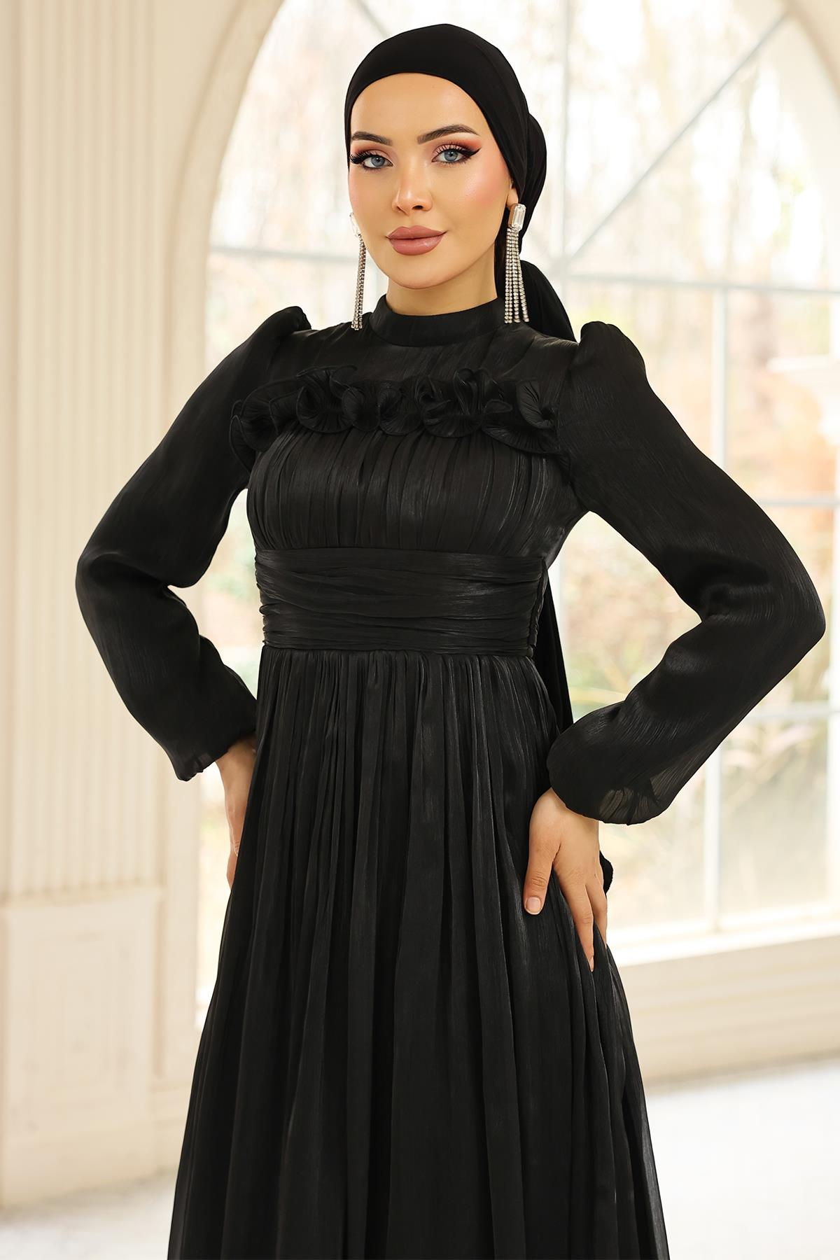 Fırfır ve Pilise Detaylı Yoryo İpek Tesettür Abiye Elbise SİYAH 1250