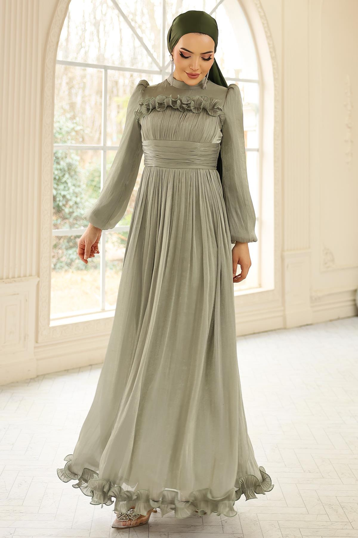 Fırfır ve Pilise Detaylı Yoryo İpek Tesettür Abiye Elbise AÇIK YEŞİL 1250