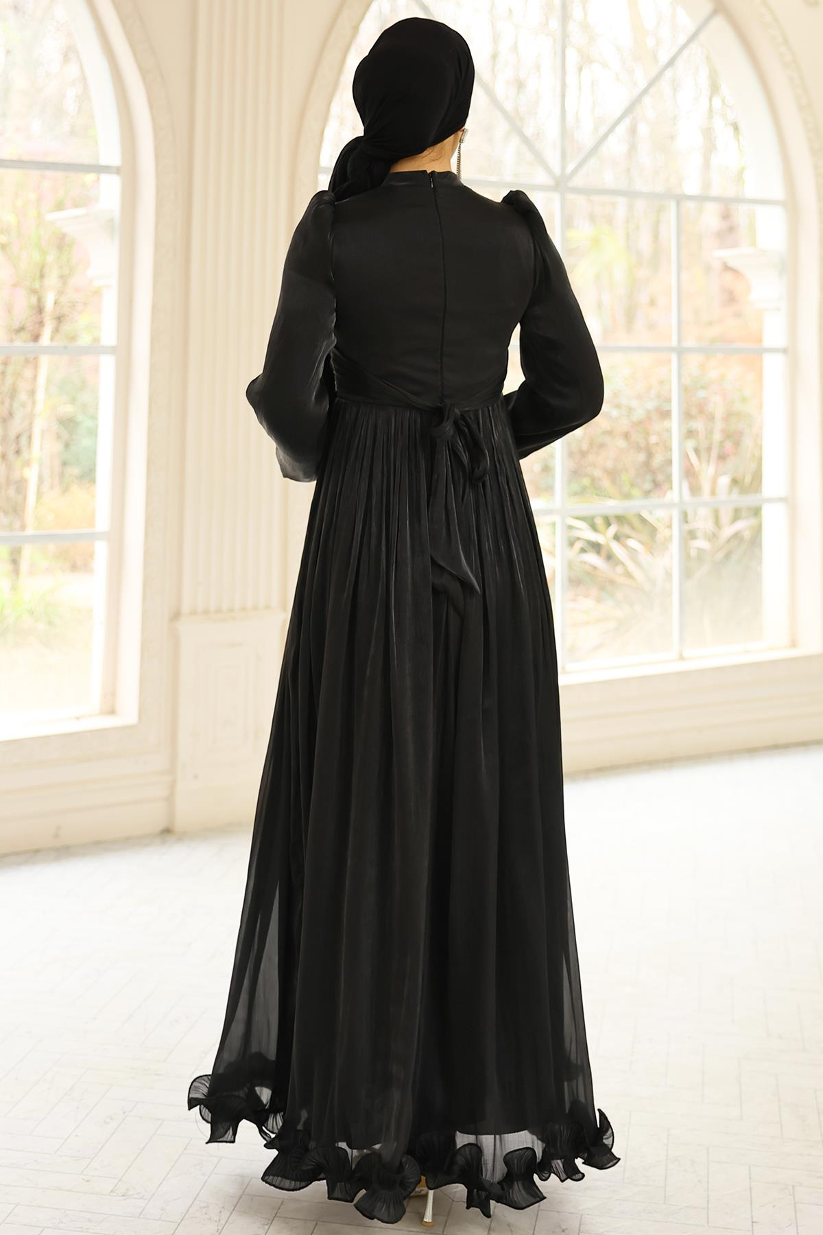 Fırfır ve Pilise Detaylı Yoryo İpek Tesettür Abiye Elbise SİYAH 1250