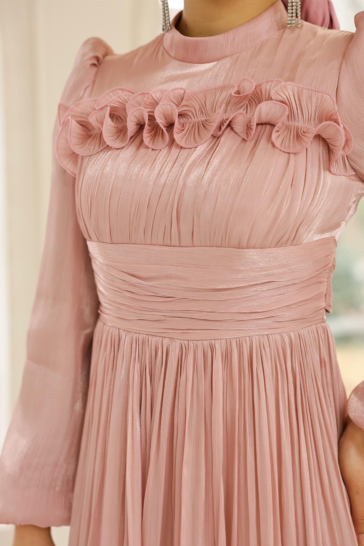 Fırfır ve Pilise Detaylı Yoryo İpek Tesettür Abiye Elbise PUDRA 1250