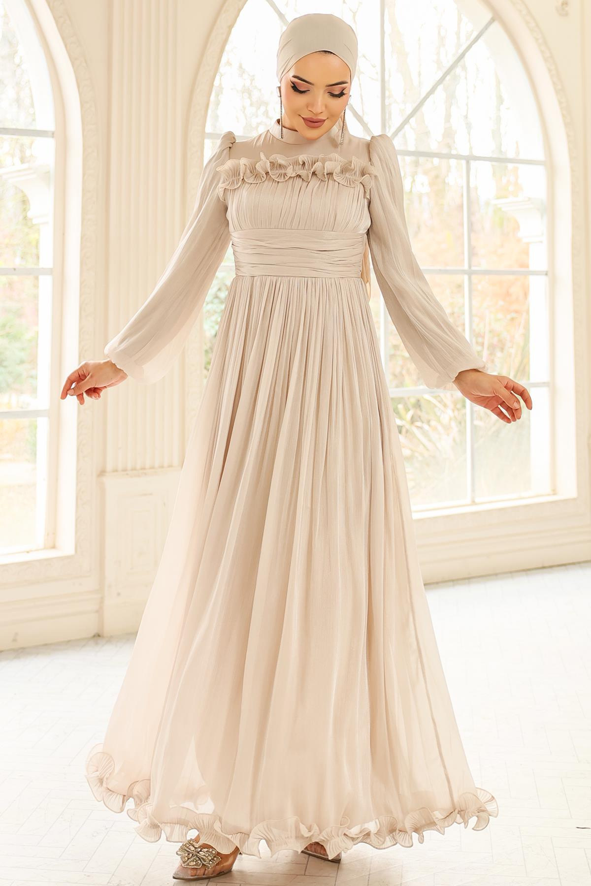 Fırfır ve Pilise Detaylı Yoryo İpek Tesettür Abiye Elbise TAŞ 1250